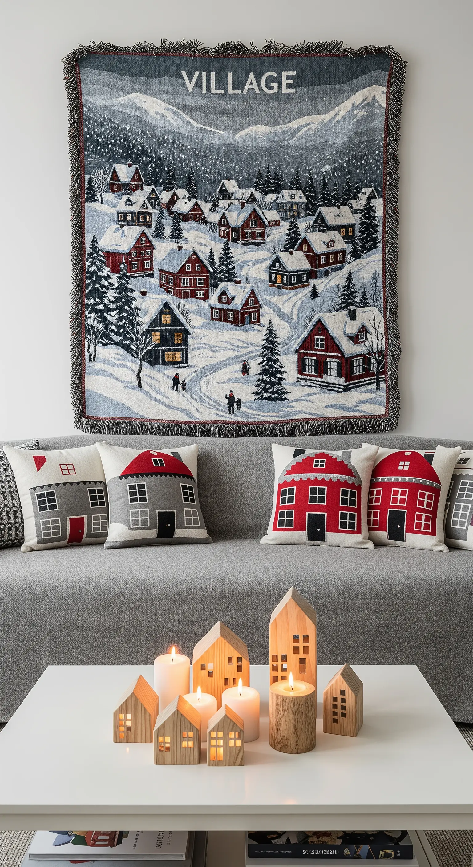 Divano con cuscini a forma di casa e un arazzo a tema villaggio invernale sulla parete.