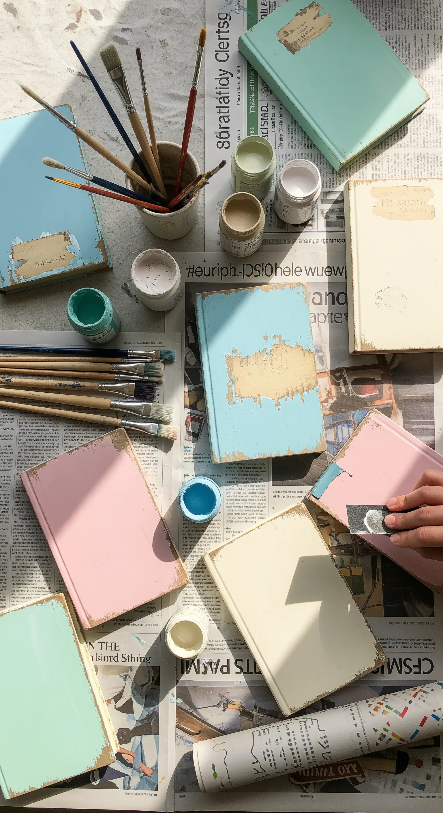 Libri con copertine dipinte in colori pastello e invecchiate con la tecnica shabby chic.