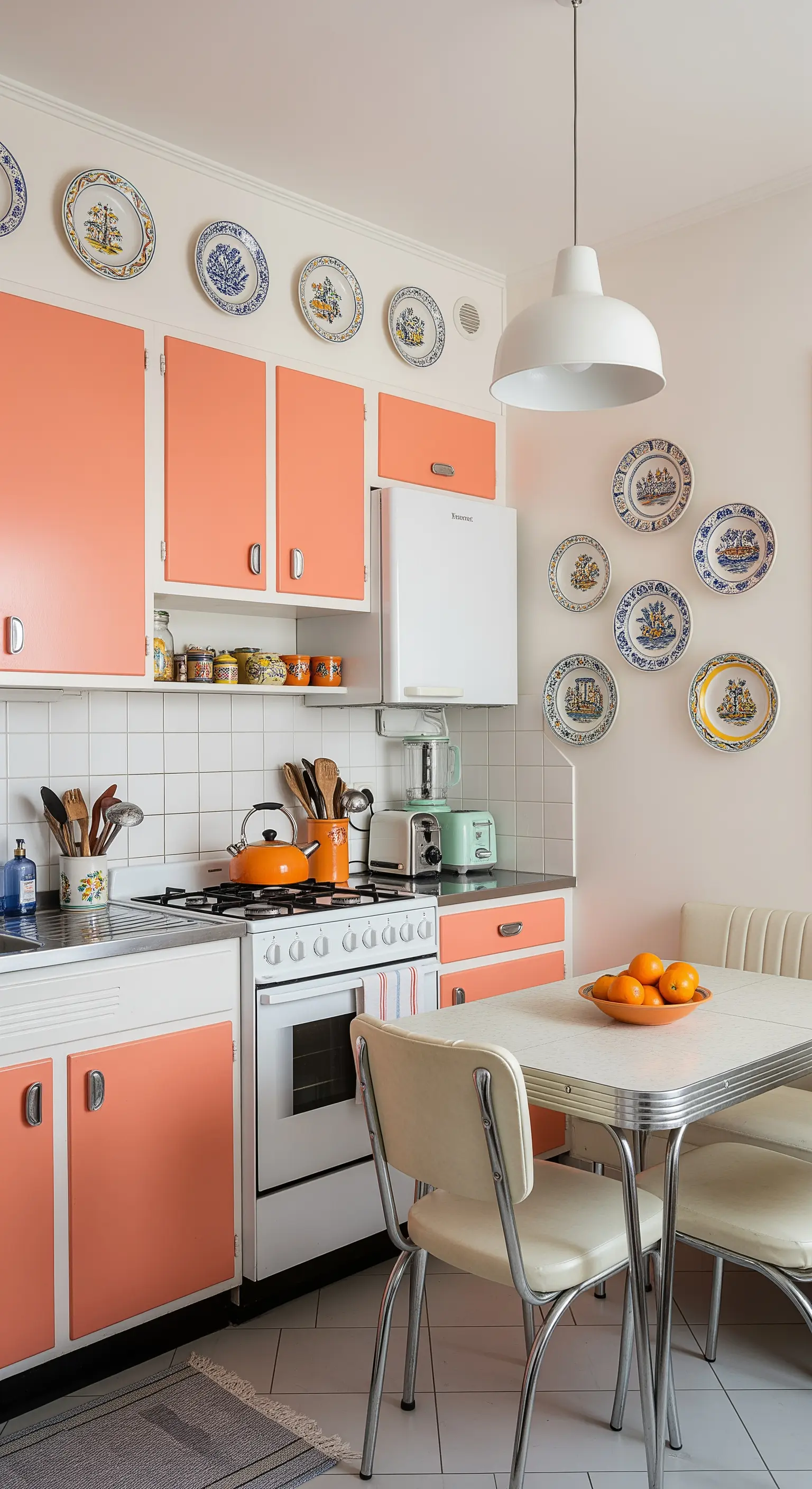 Cucina retrò color corallo con piatti decorativi e tavolo da diner.
