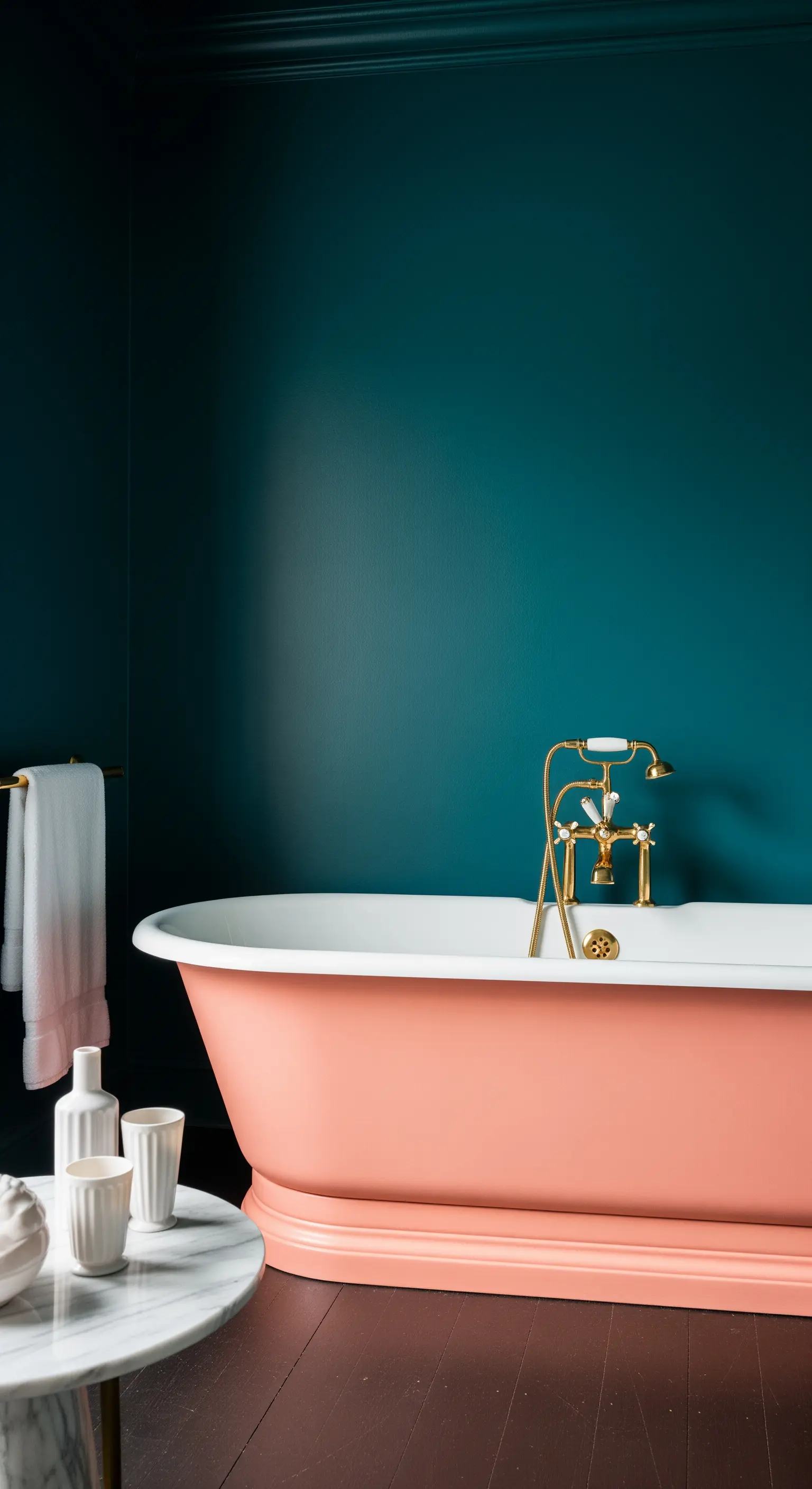 Vasca da bagno color corallo posizionata contro una parete blu petrolio scuro.