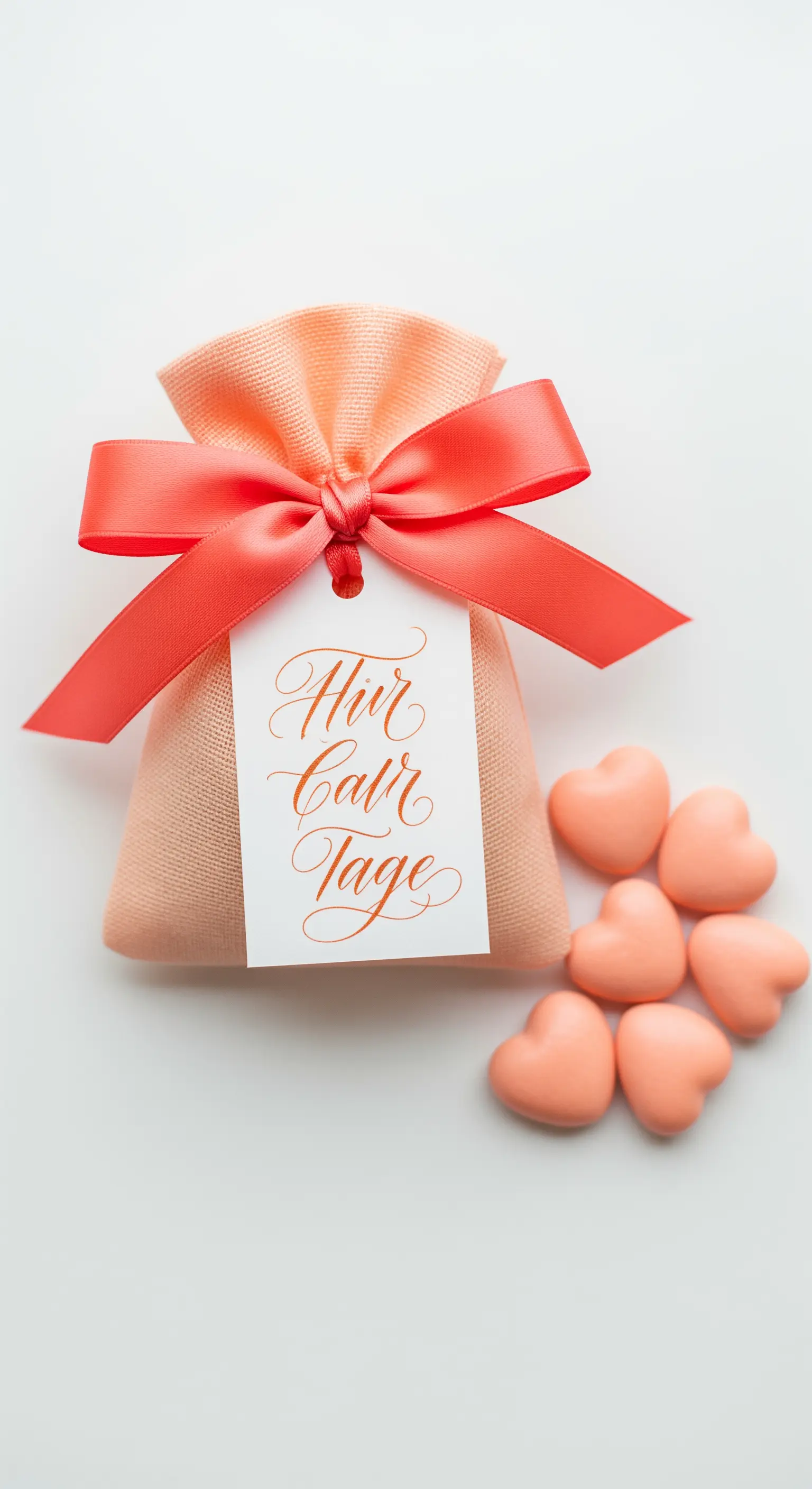 Sacchetto bomboniera color corallo con nastro abbinato e tag bianco con scritta calligrafica.