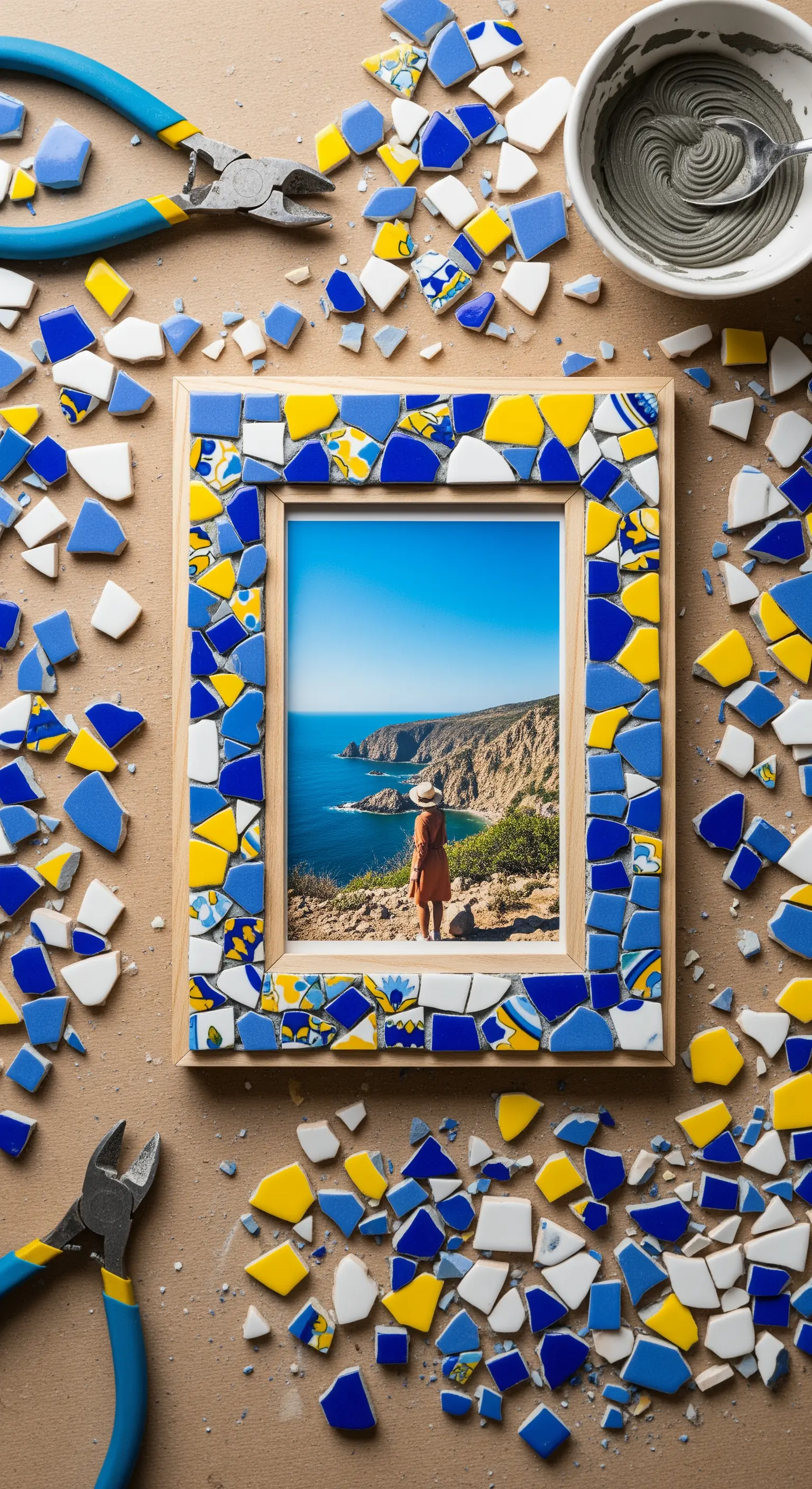 Cornice per foto decorata con un mosaico di piastrelle rotte blu, gialle e bianche.
