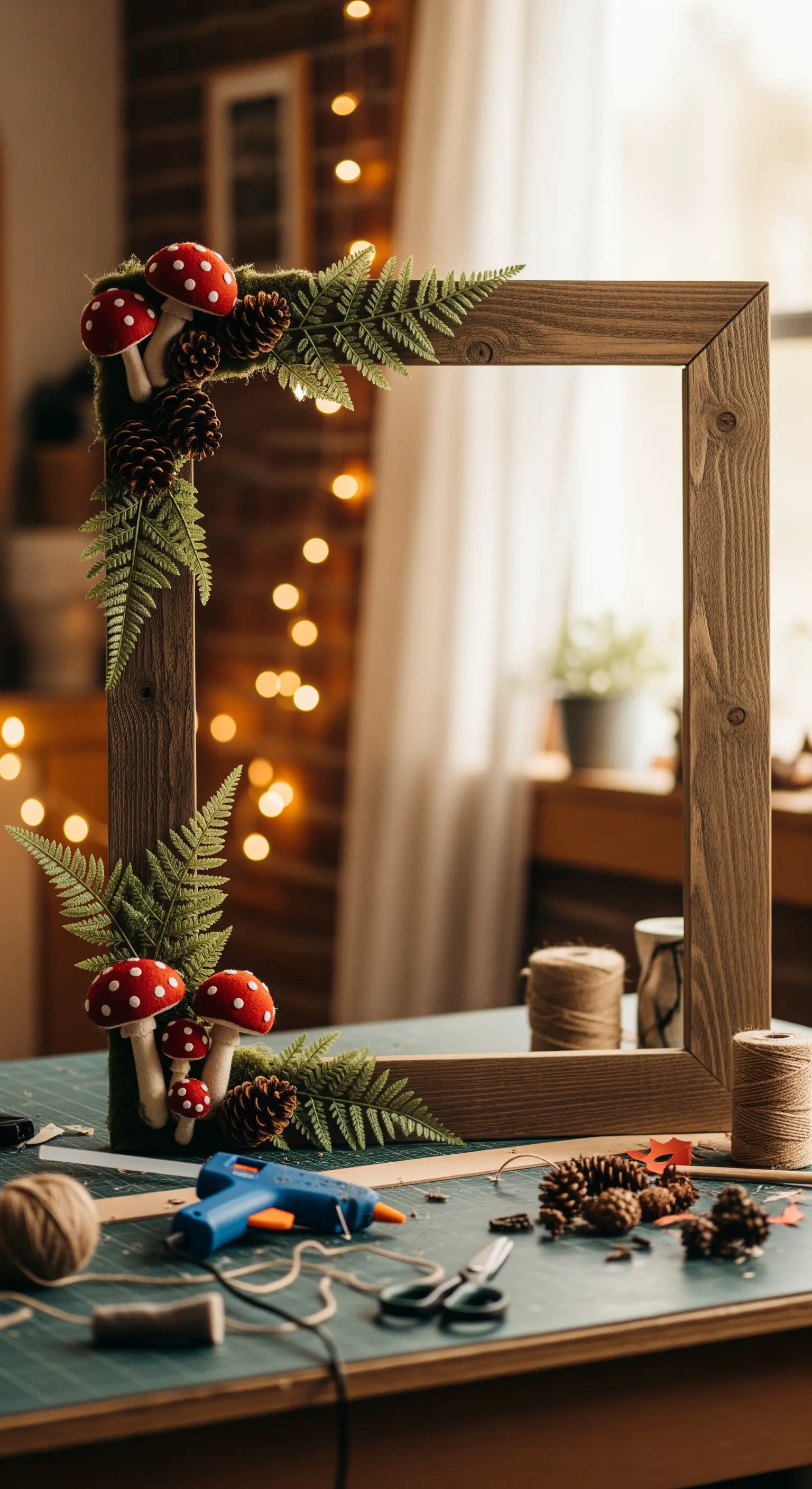 Cornice in legno decorata con funghi, pigne e felci per un photobooth a tema bosco.