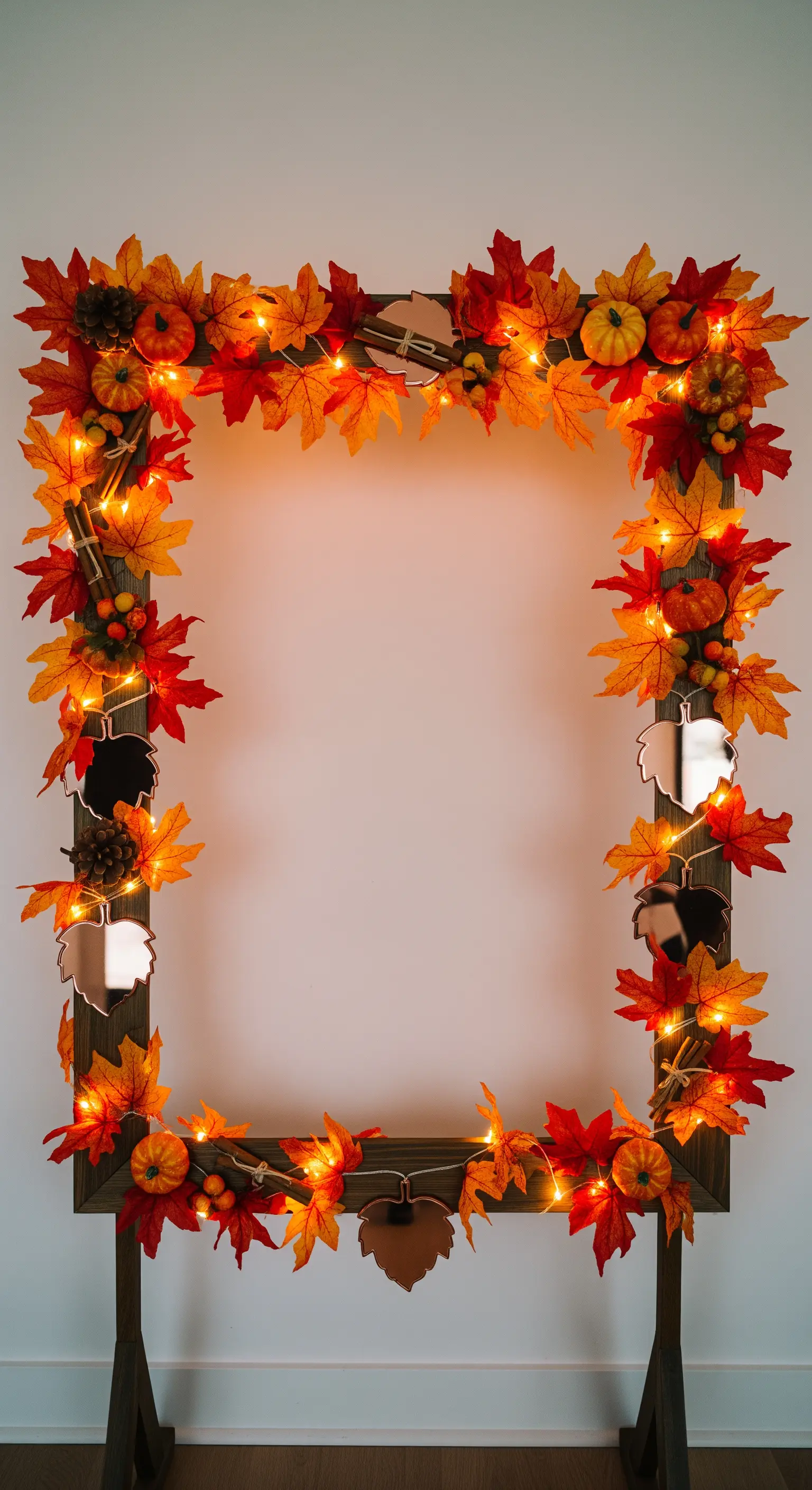 Cornice per photobooth in legno decorata con foglie autunnali, zucche e lucine arancioni.