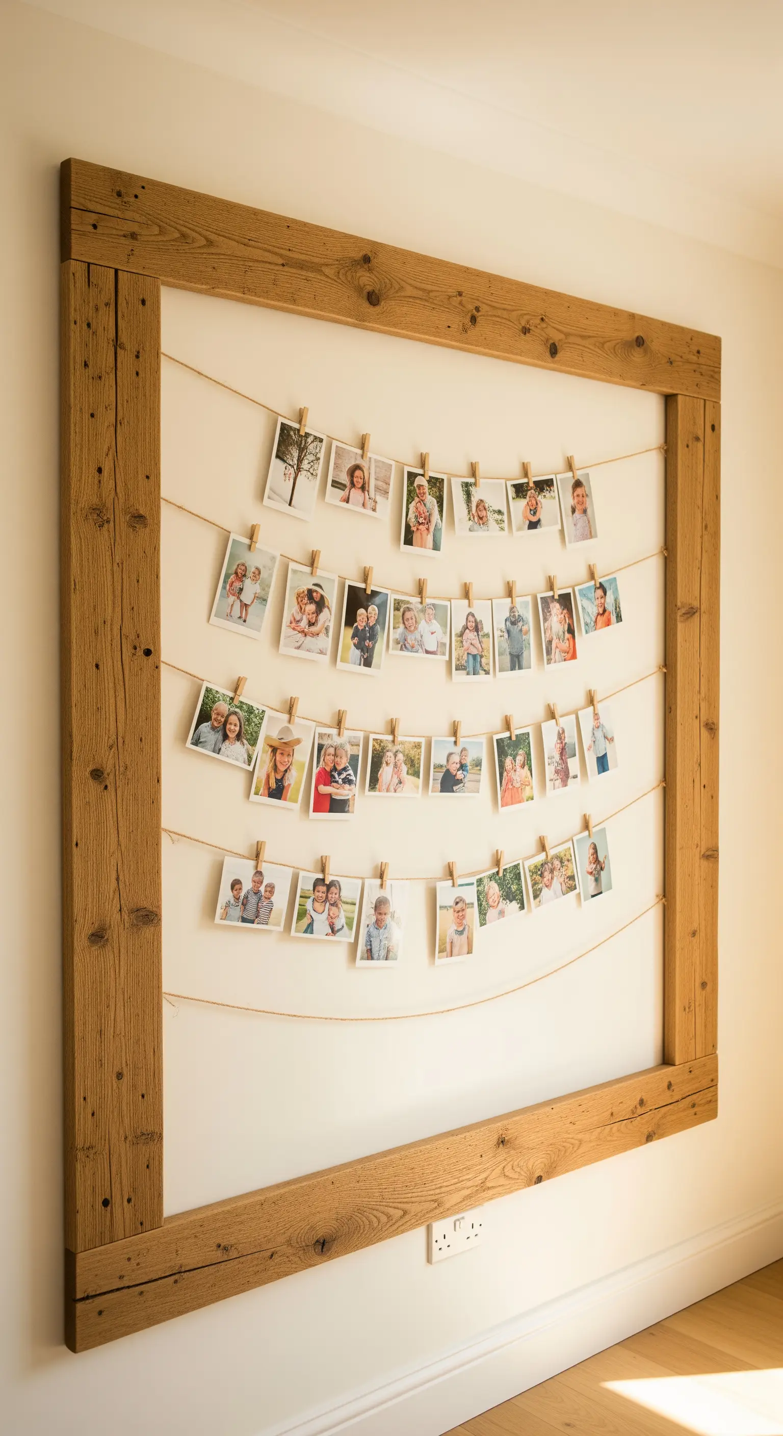 Grande cornice in legno grezzo con fili di spago e mollette per appendere fotografie di famiglia.