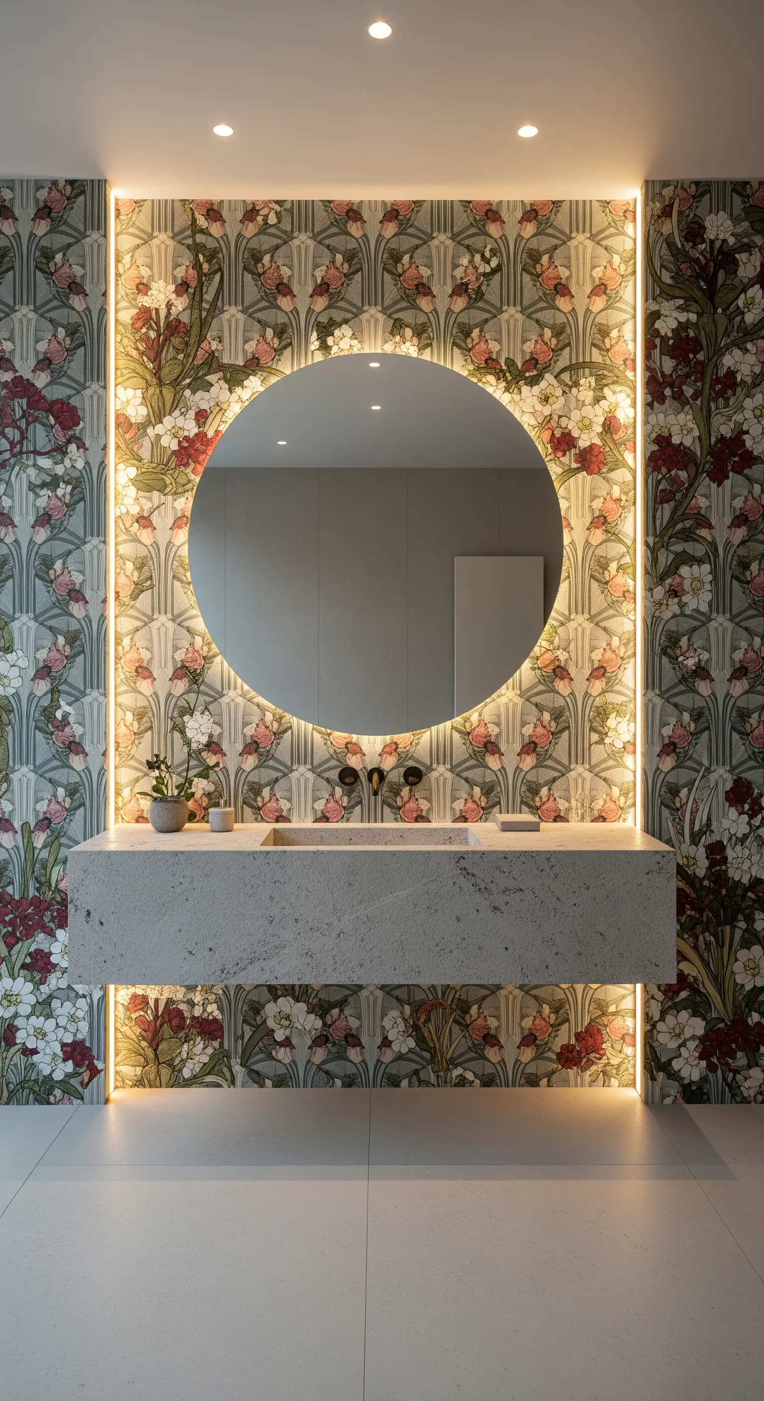 Bagno con carta da parati Art Déco illuminata da strisce LED e lavabo in pietra.