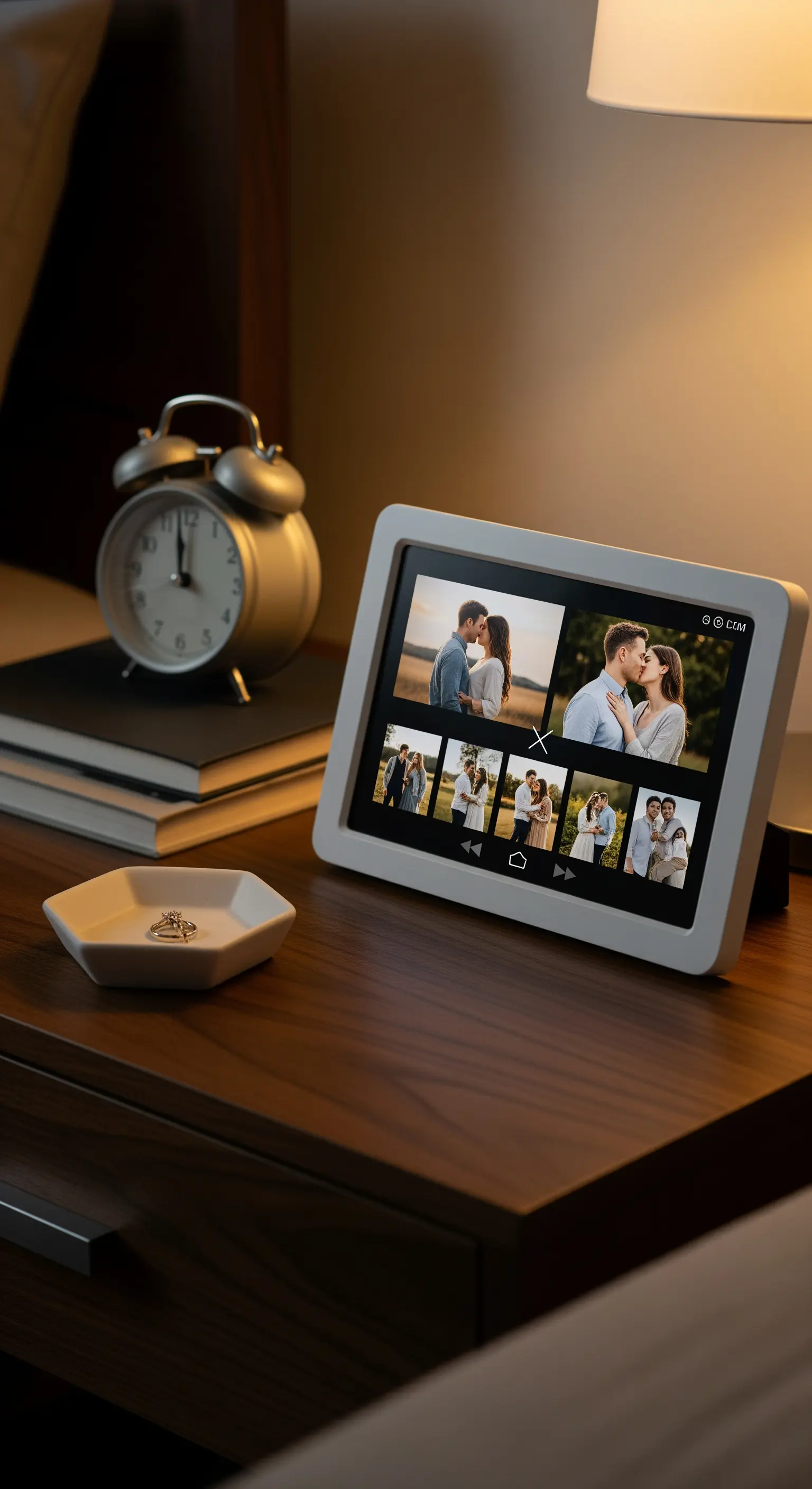 Cornice fotografica digitale su un comodino che mostra una galleria di foto di coppia.