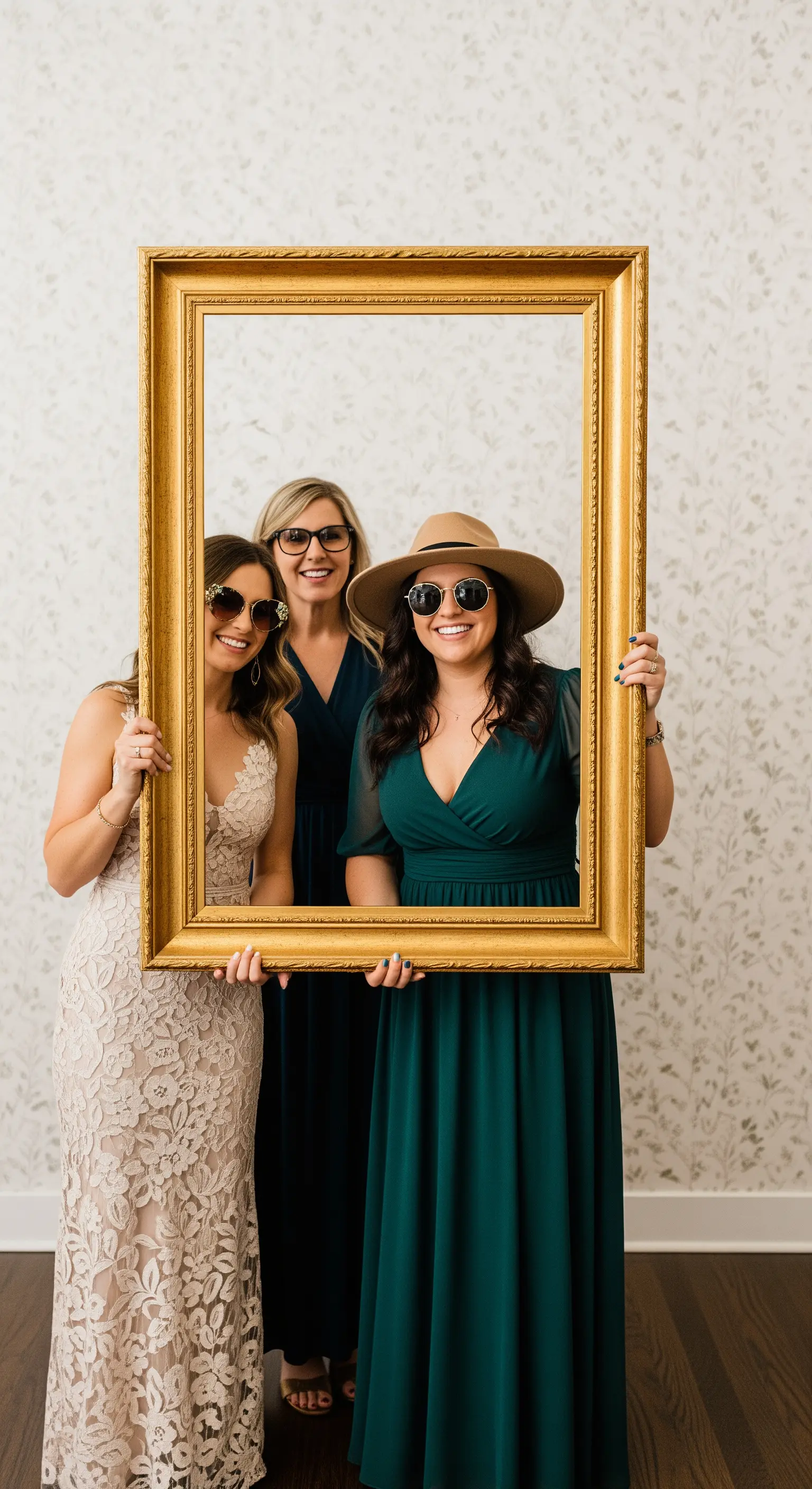 Tre donne sorridenti posano per una foto tenendo in mano una grande cornice dorata vuota