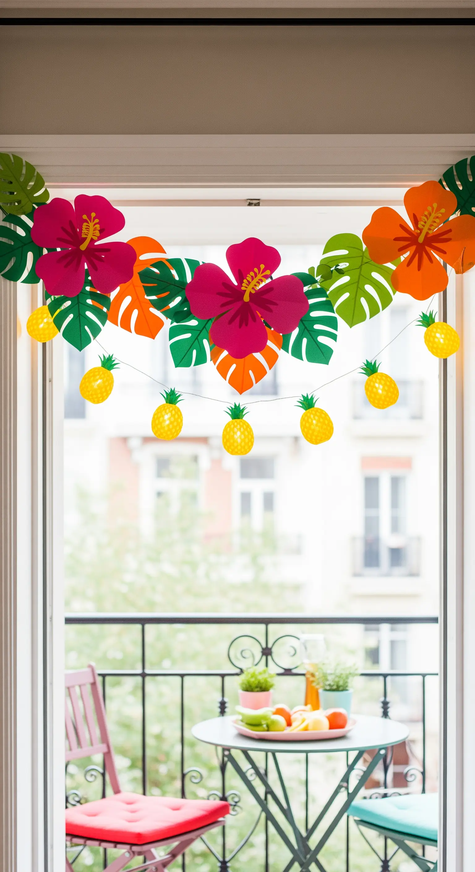 Ghirlanda di carta con fiori tropicali, foglie di monstera e ananas, che incornicia una porta-finestra.