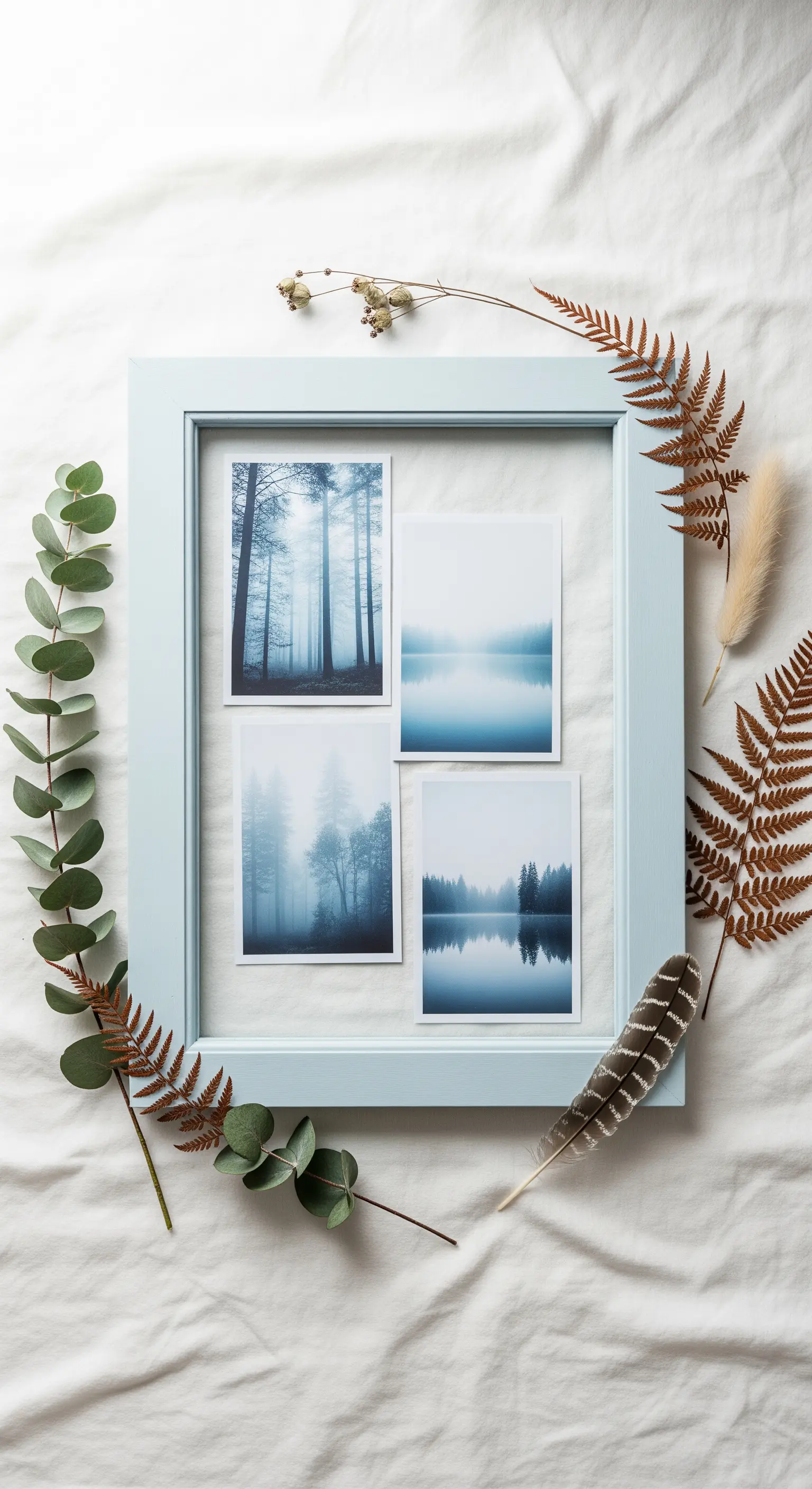 Cornice di una finestra azzurra senza vetri, usata per un collage fotografico e decorata con felci.