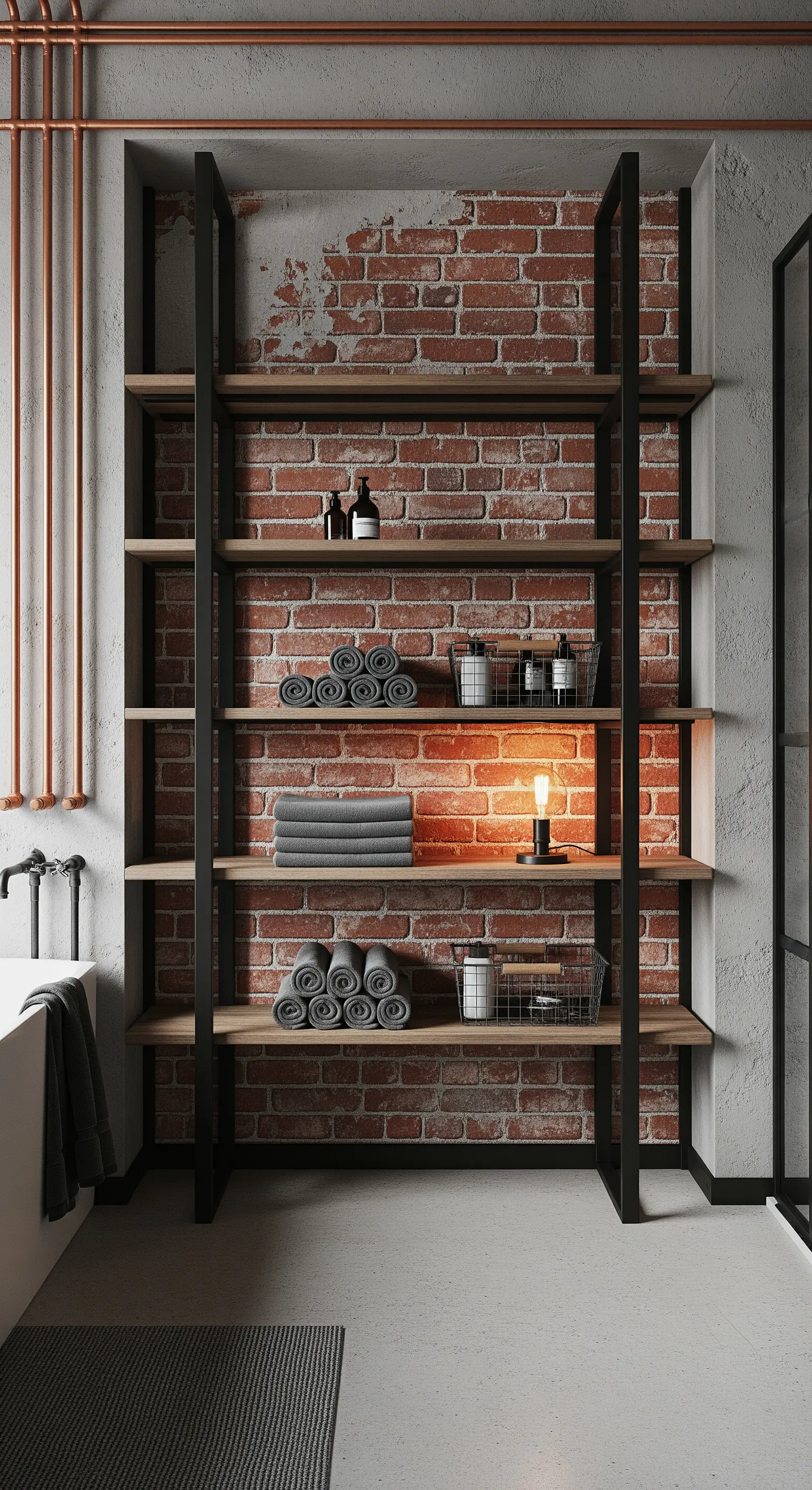 Libreria in stile industriale con struttura in metallo nero e ripiani in legno su un muro di mattoni.