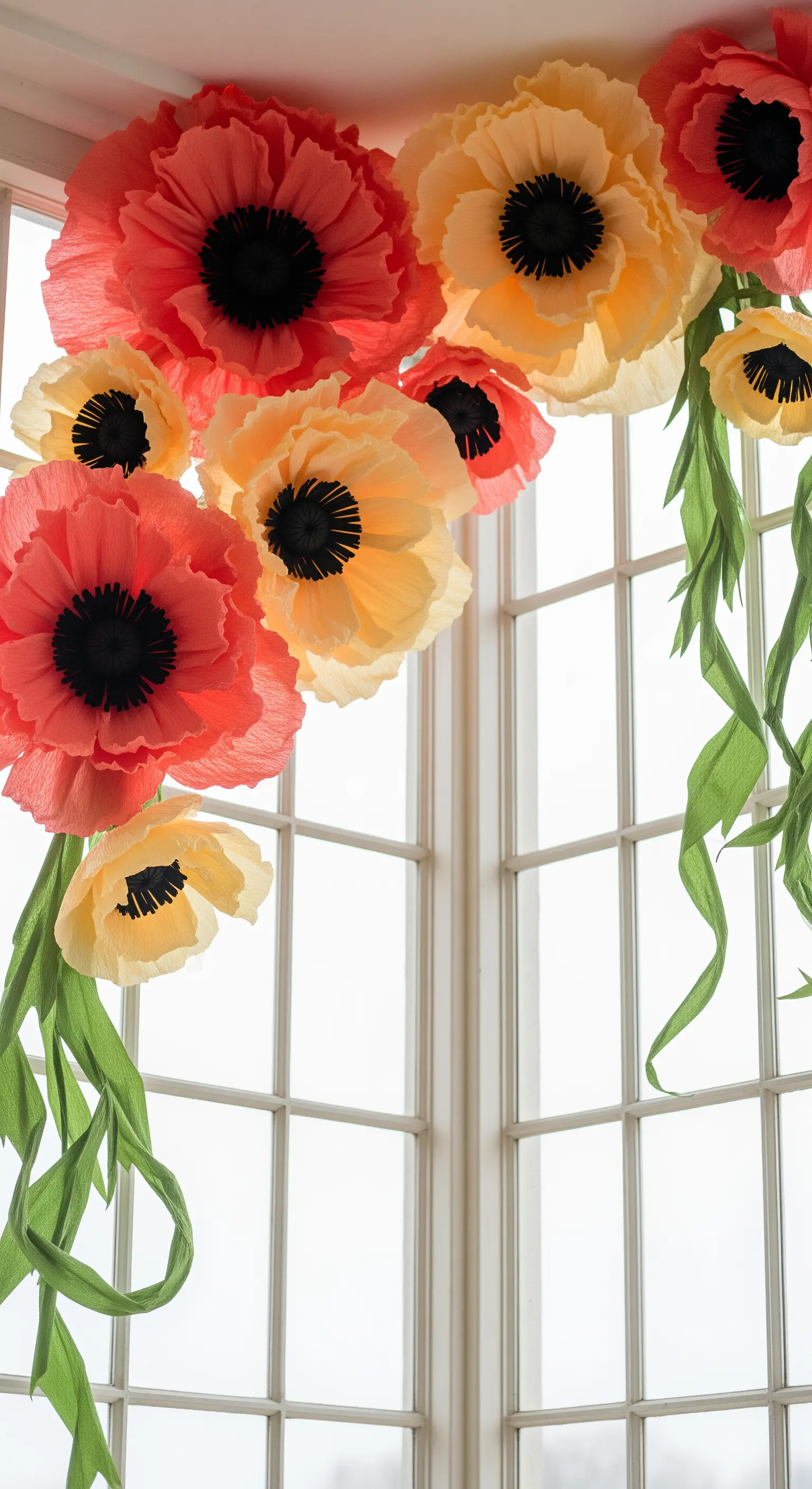 Papaveri giganti di carta crespa corallo e giallo che incorniciano l'angolo di una finestra.