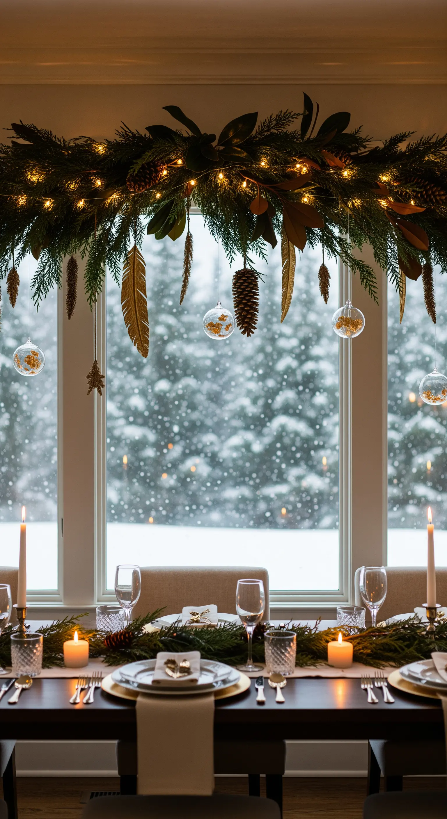 Tavola imbandita davanti a una finestra con ghirlanda illuminata e vista sulla neve.