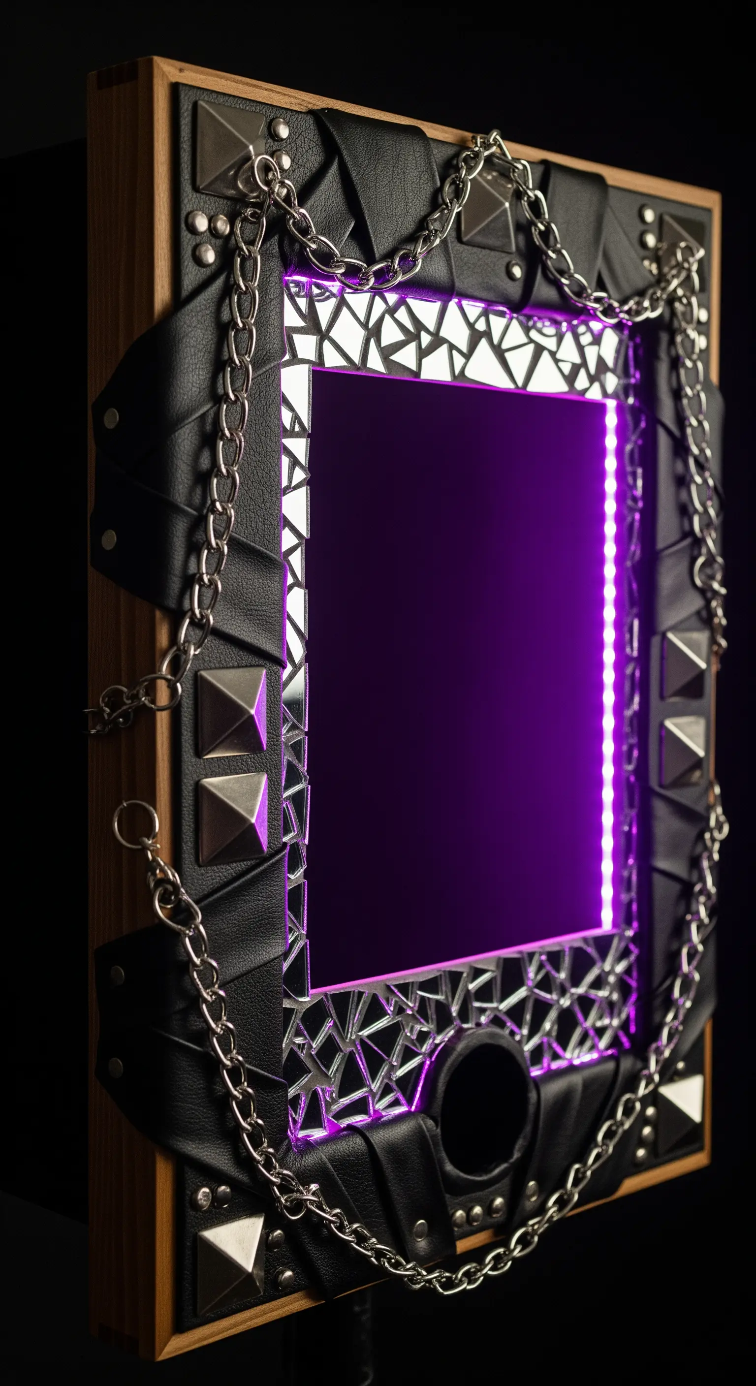 Cornice photobooth rock con ecopelle nera, borchie, catene e illuminazione LED viola interna.