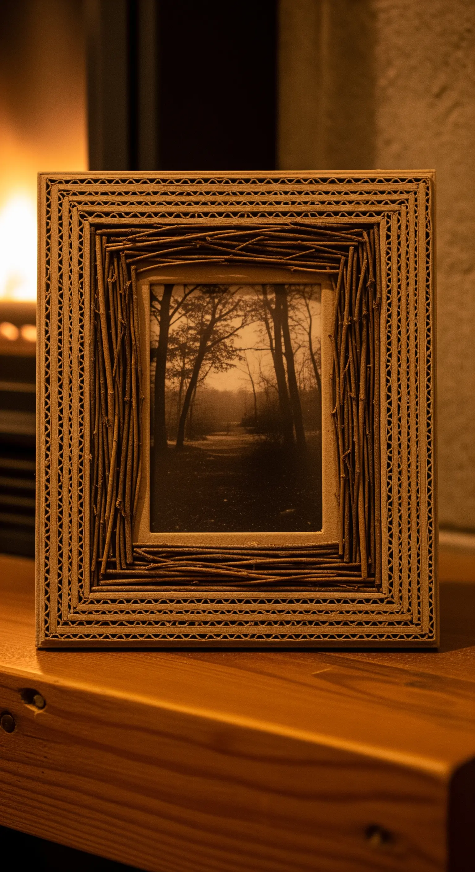 Una cornice per foto realizzata con una base di cartone ondulato e decorata con rametti secchi.