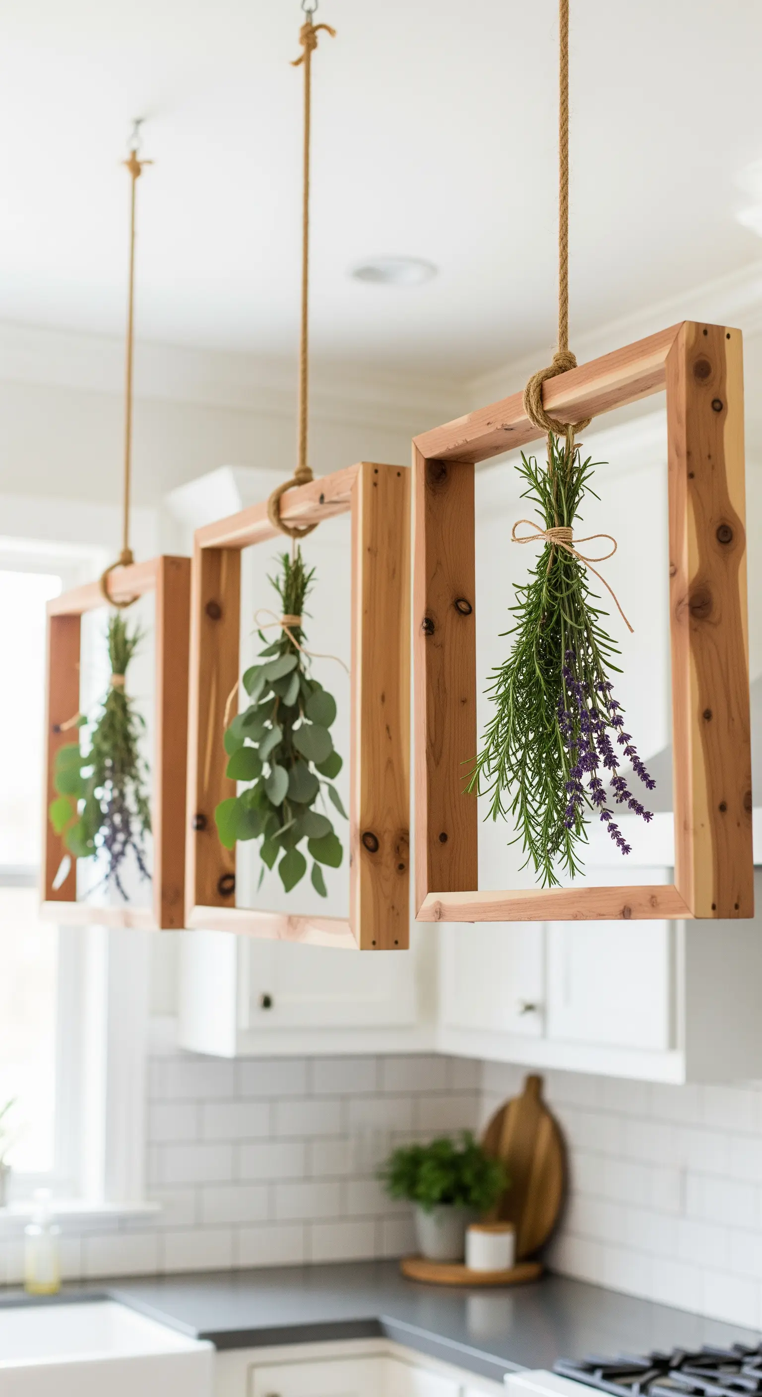 Cornici quadrate in legno di cedro sospese con corde di iuta, usate per essiccare erbe aromatiche.