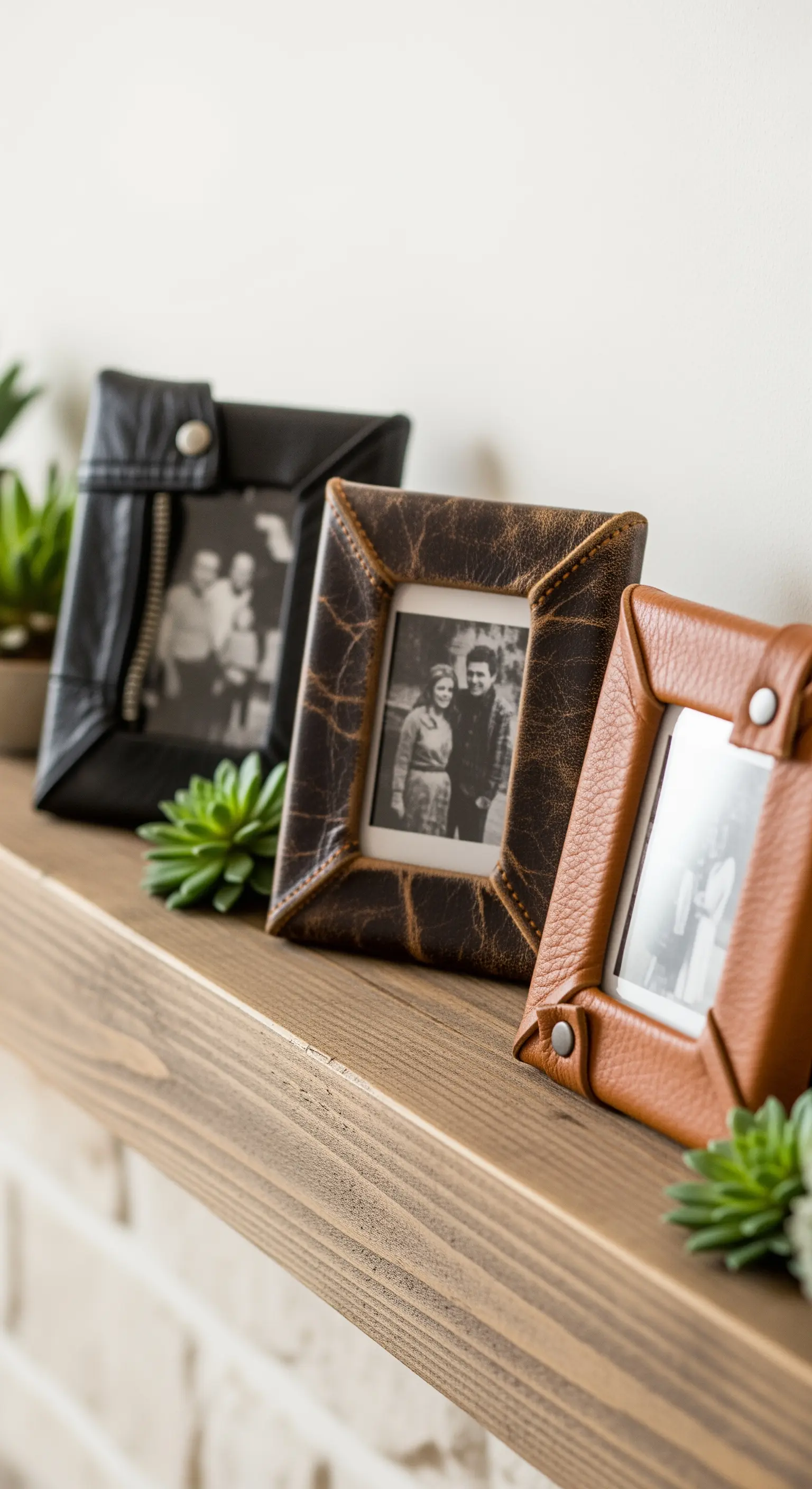 Tre cornici per foto rivestite in pelle di diverse texture e colori su una mensola.