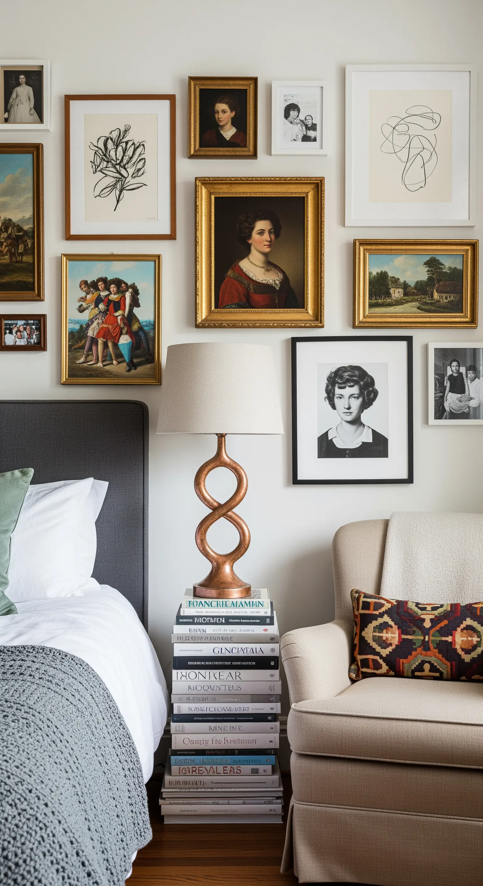 Parete galleria con cornici dorate e nere e una lampada con base in rame.