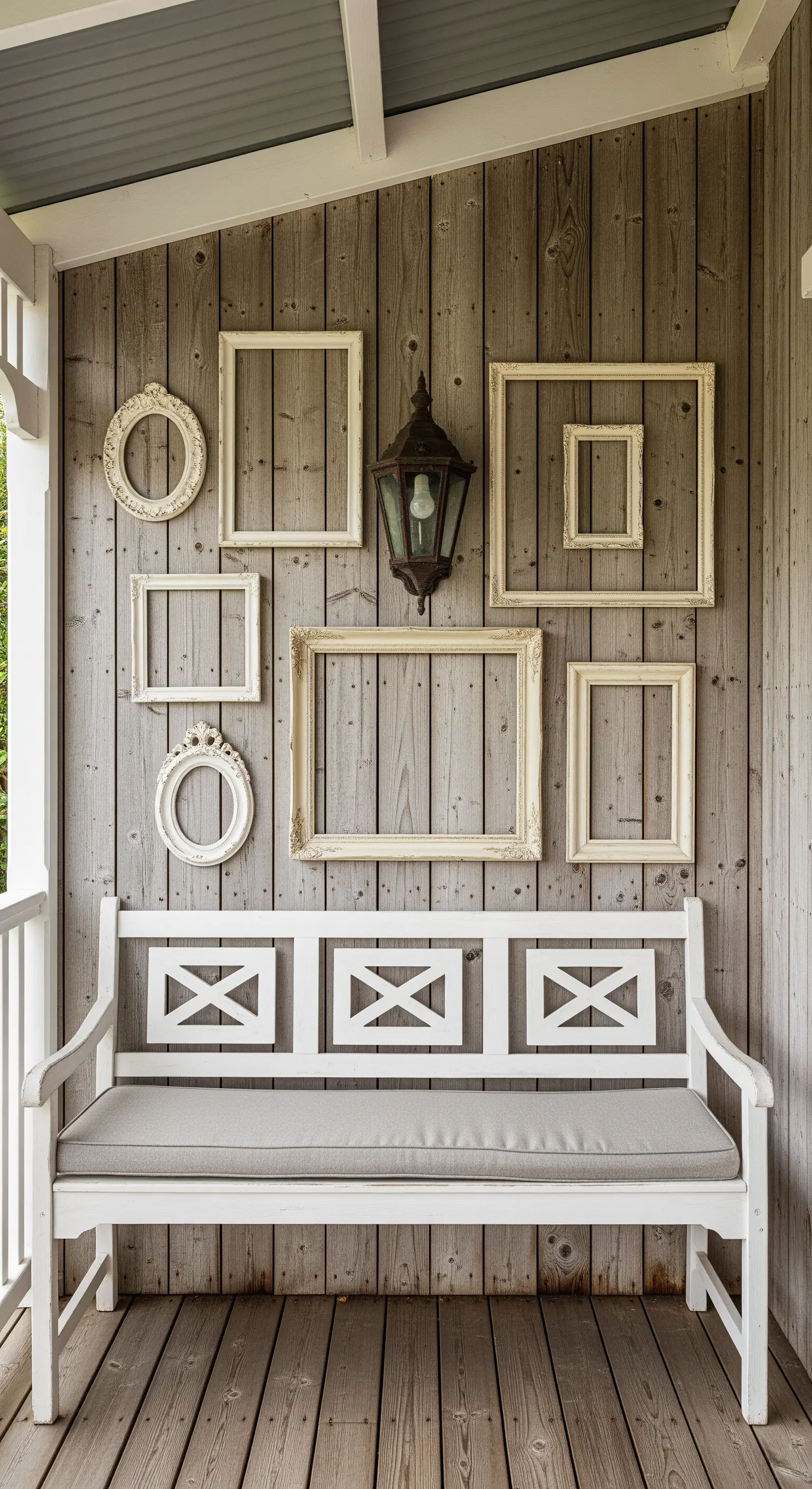 Parete di un portico decorata con una composizione di cornici vintage bianche e vuote.