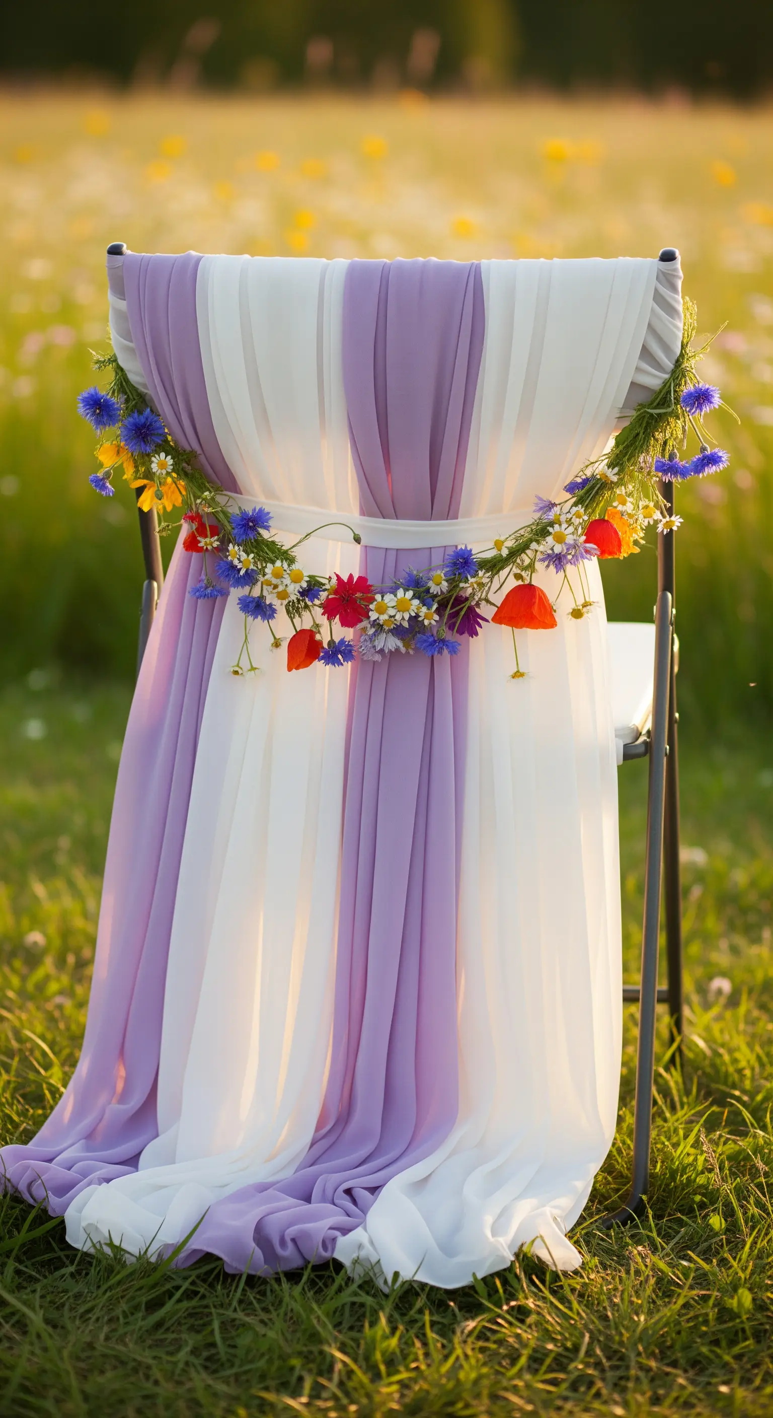 Sedia da esterno con drappeggio in chiffon bianco e lilla e una ghirlanda di fiori di campo.