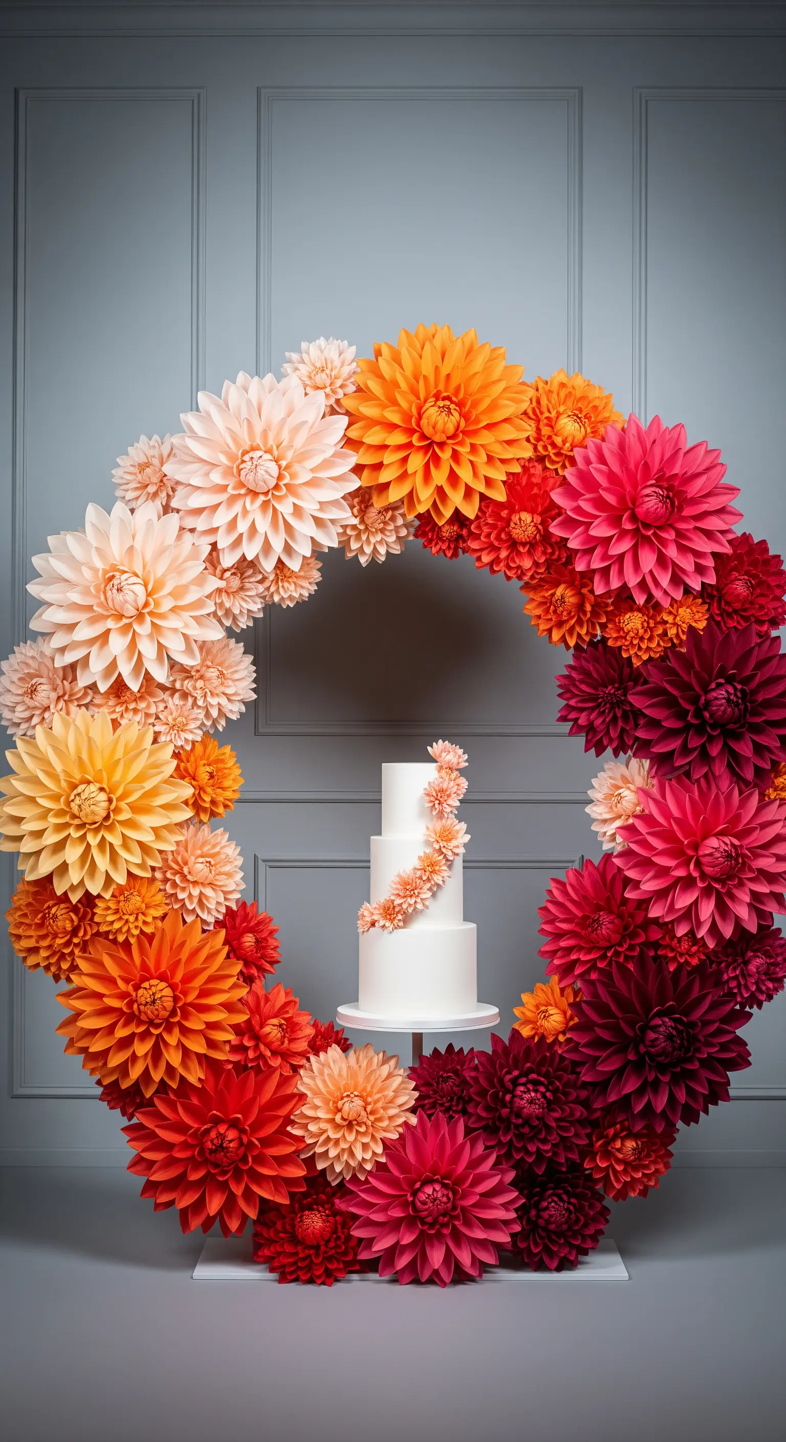 Torta nuziale bianca incorniciata da una grande corona di dalie di carta arancioni e rosse.