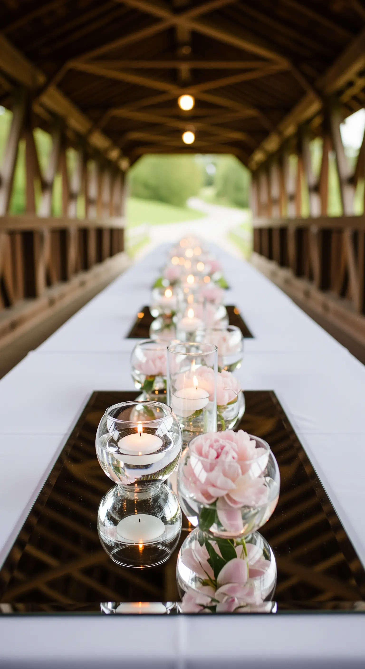 Tavolo lungo con runner a specchio, vasi sferici in vetro con peonie e candele.