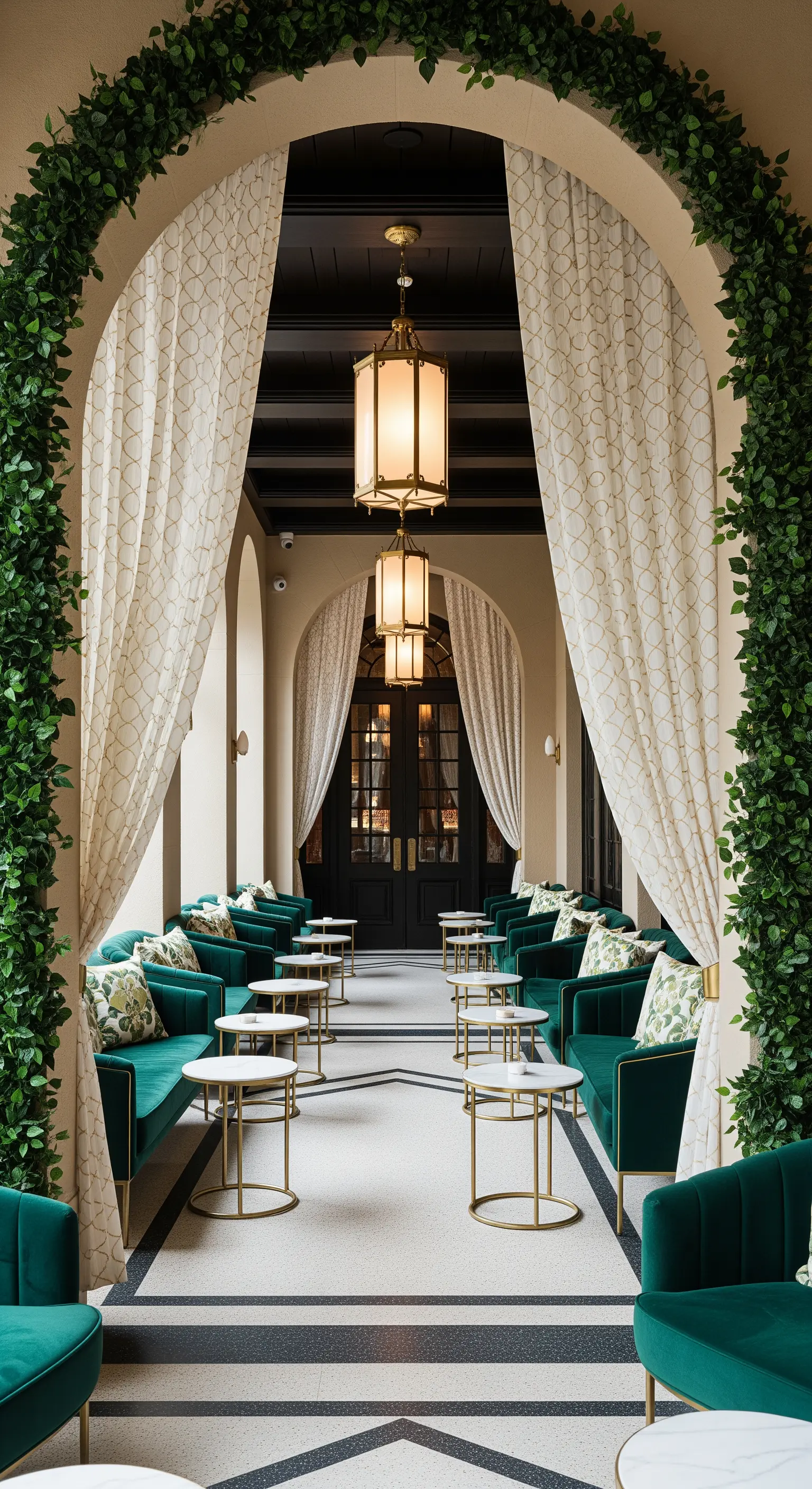 Elegante portico arredato con divani in velluto verde e lanterne classiche.