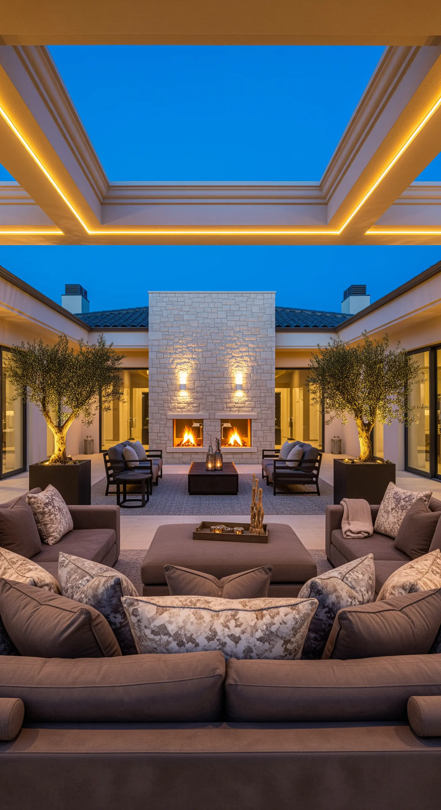 Corte di lusso con camino bifacciale in pietra, divani disposti simmetricamente e ulivi illuminati.