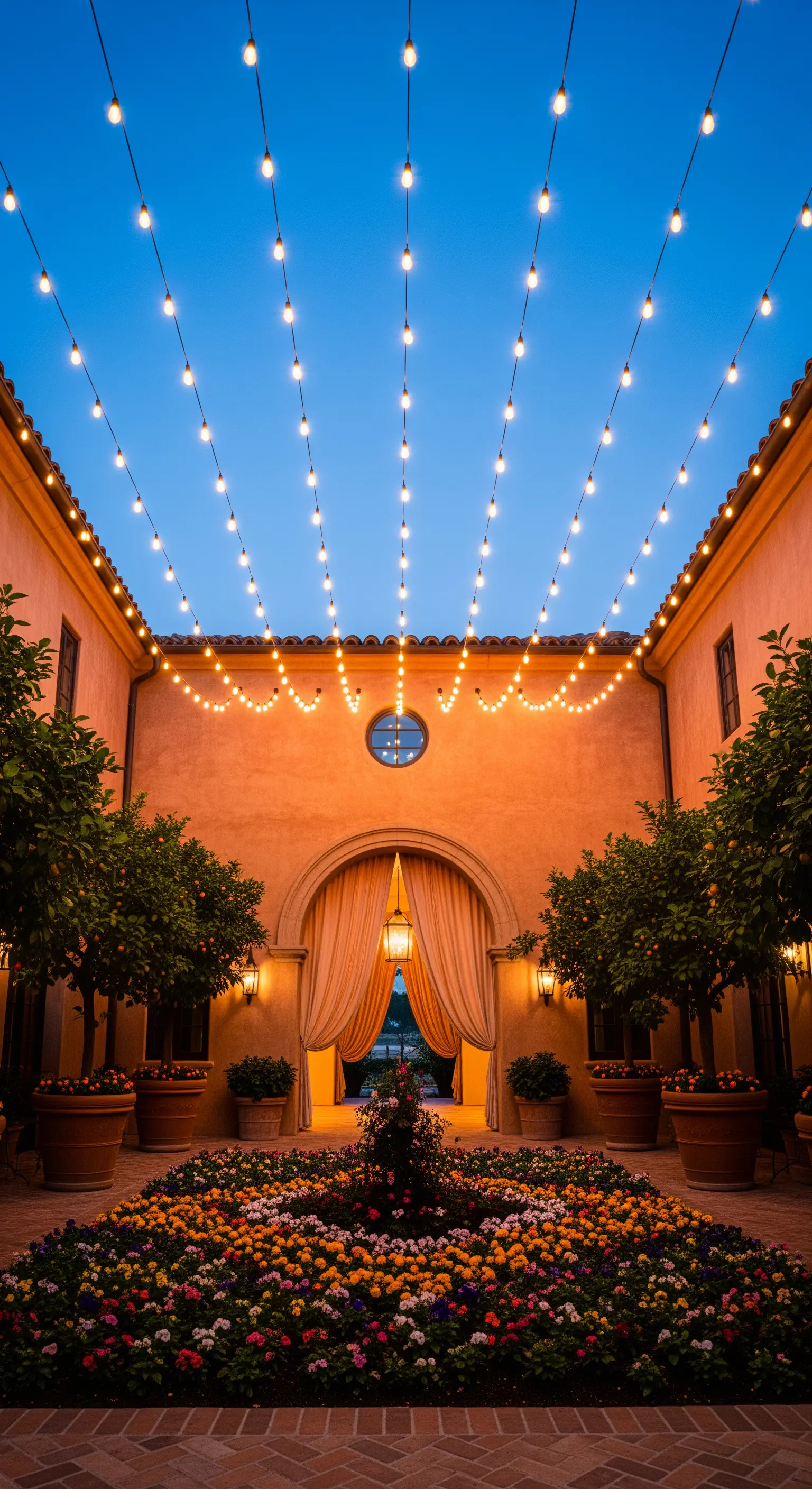 Corte in stile mediterraneo con aiuole fiorite e file parallele di luci a stringa.