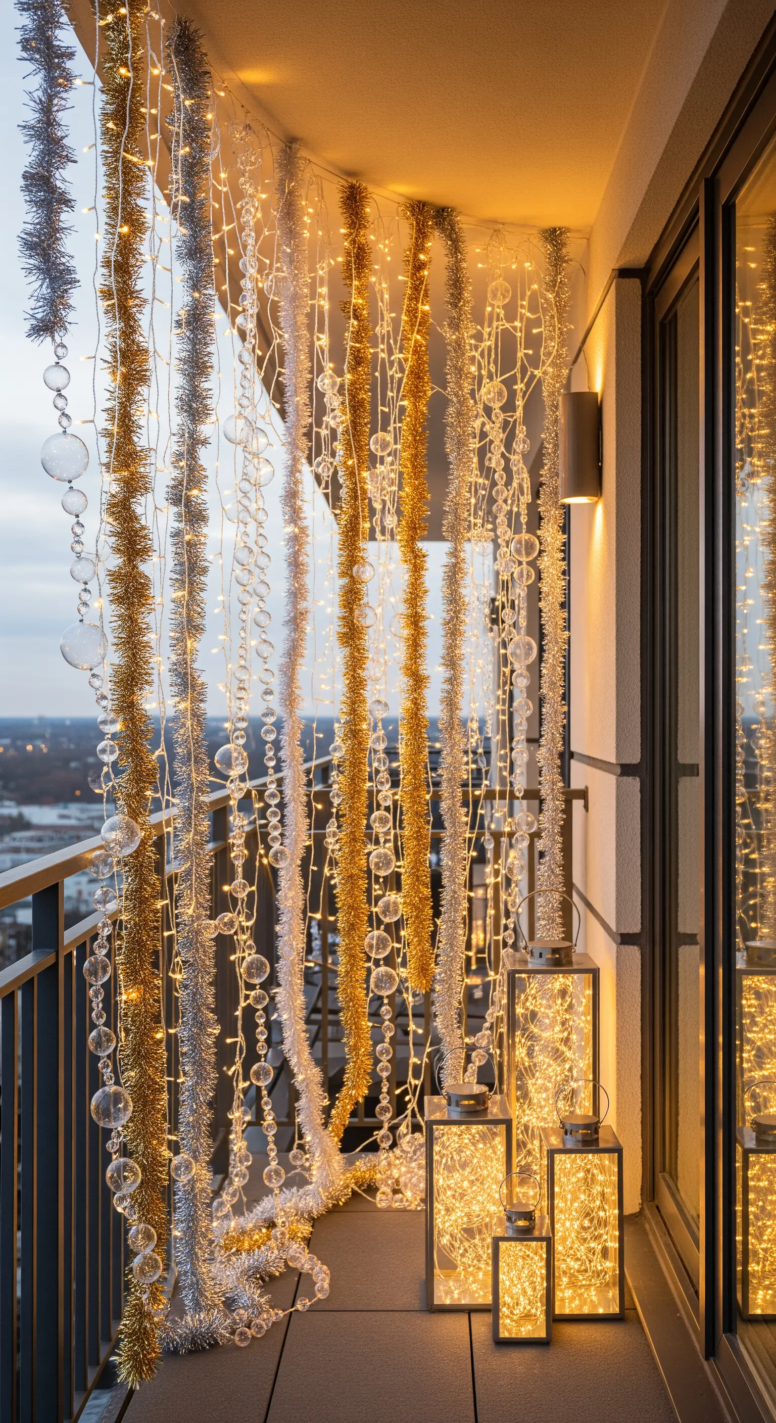 Tenda verticale creata con festoni dorati e argentati, perle e fili di luci a LED su un balcone