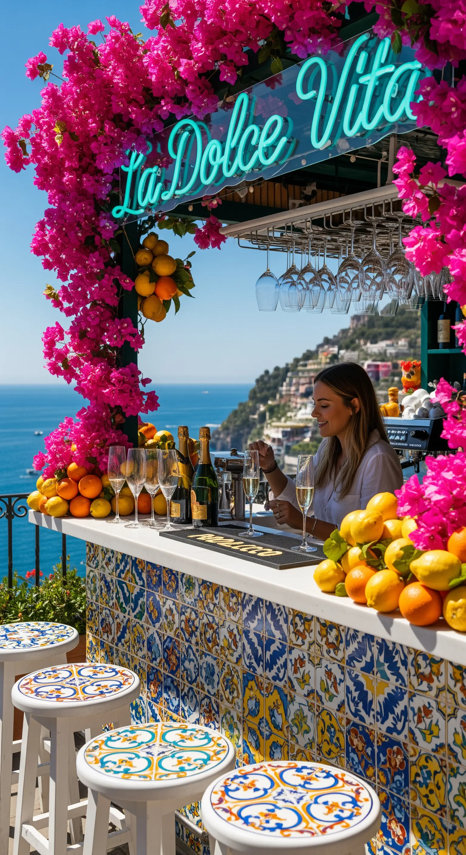 Bar con maioliche, bouganville fucsia, limoni e insegna 