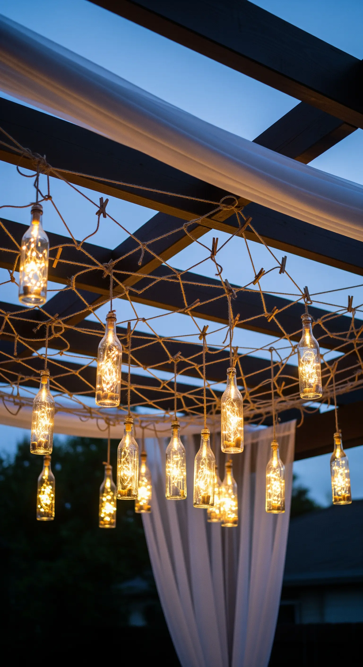 Bottiglie di vetro con lucine appese a una rete sotto un pergolato.