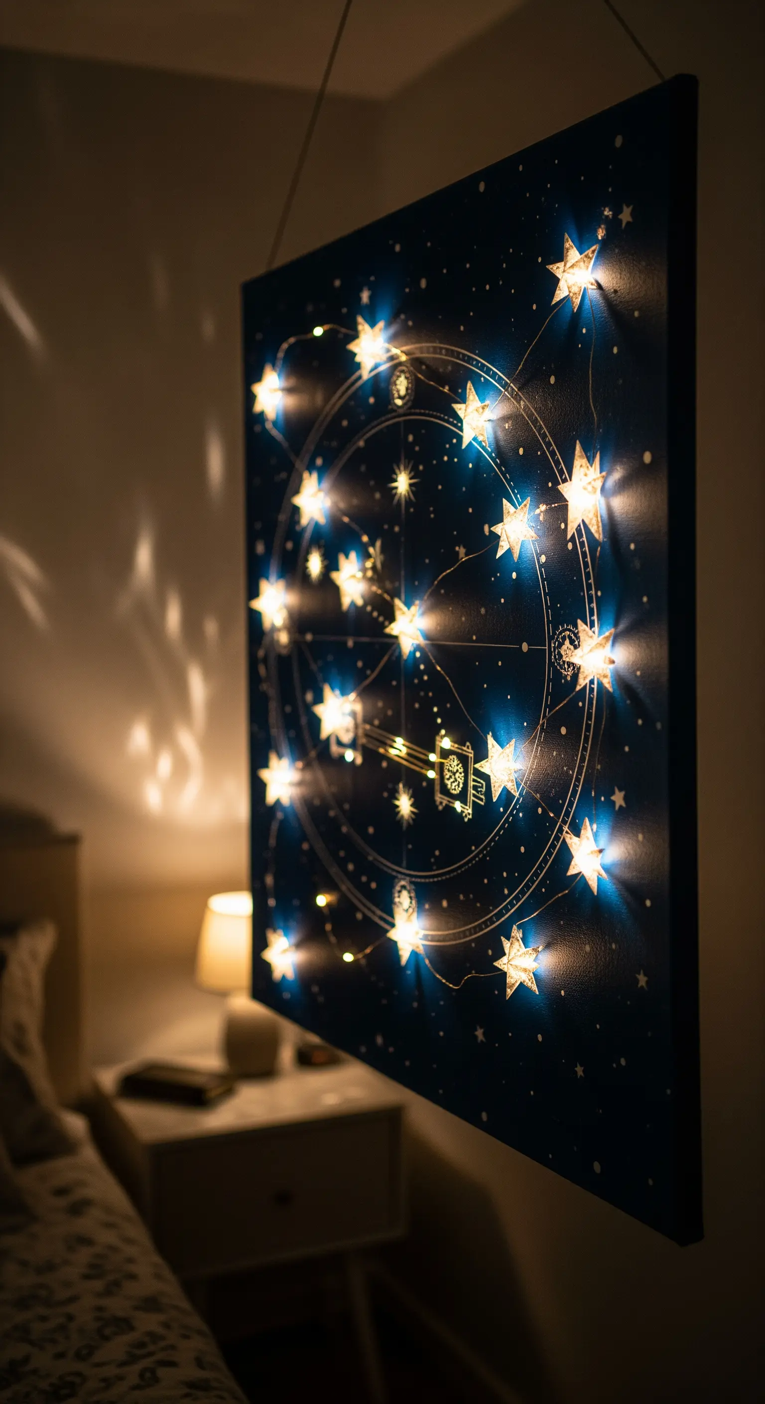 Tela blu scuro con una costellazione disegnata, illuminata da piccole luci a LED che rappresentano le stelle.