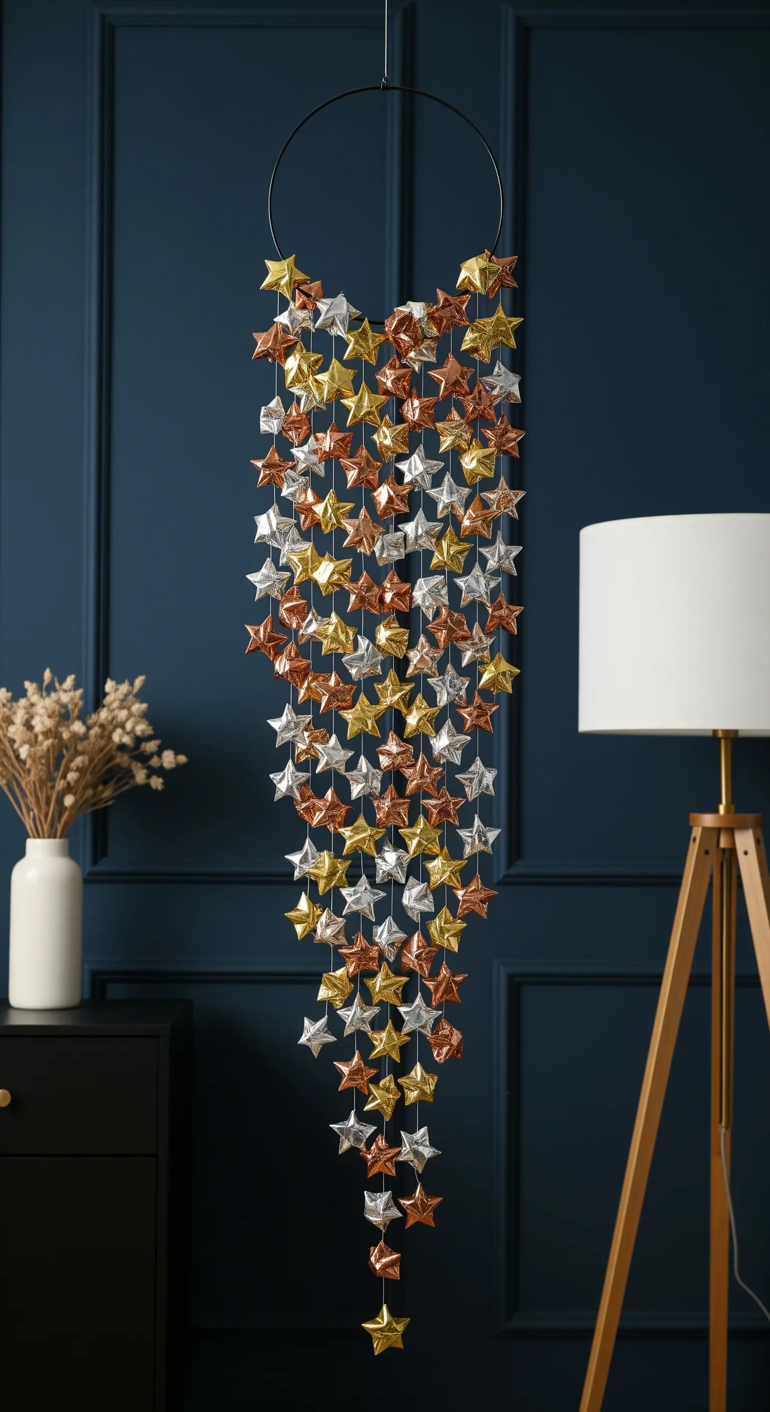 Decorazione murale verticale con stelle di origami metallizzate oro, argento e rame.