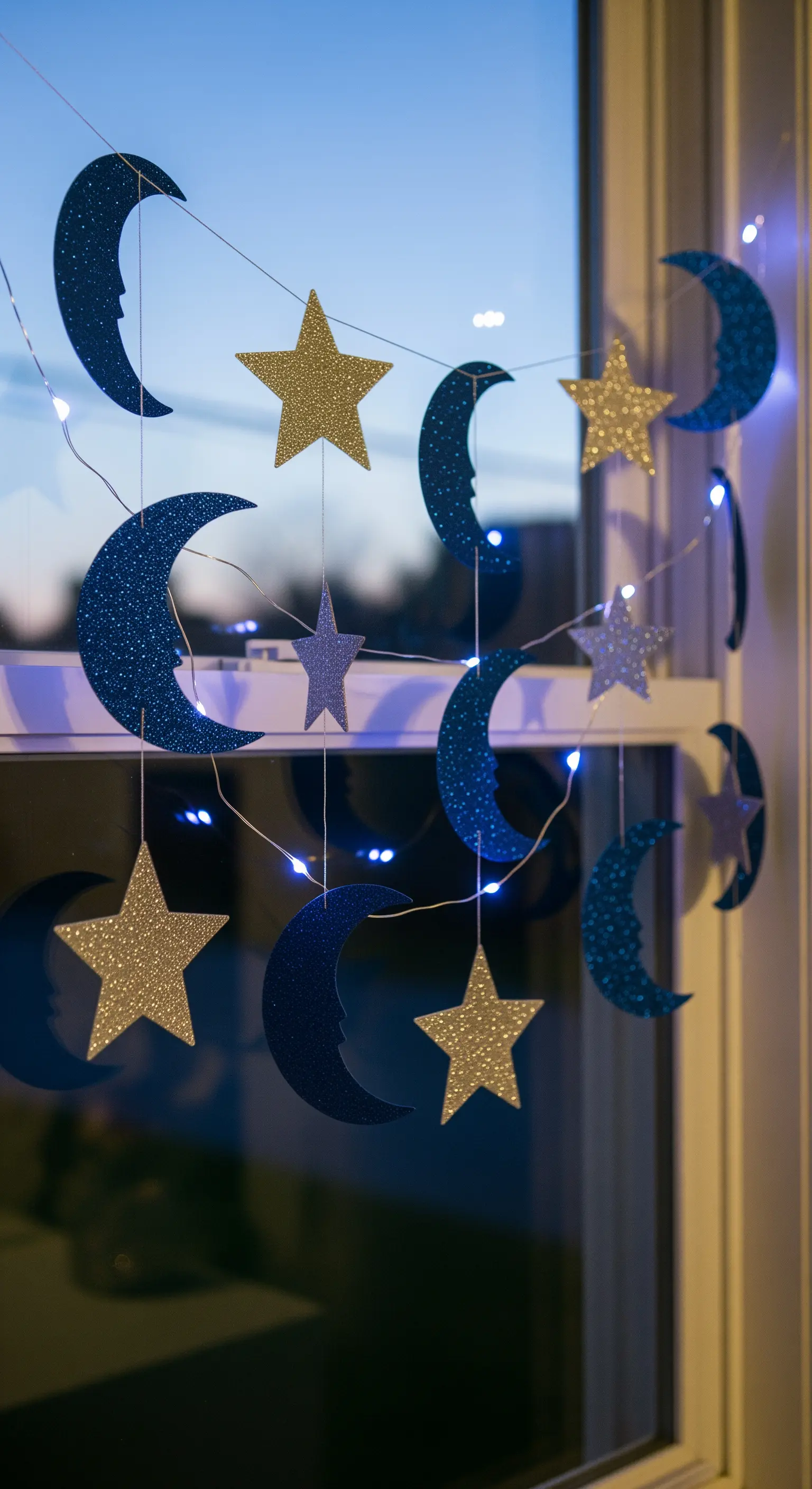 Decorazione per finestra con lune e stelle glitterate blu e oro, intrecciate con luci fredde.