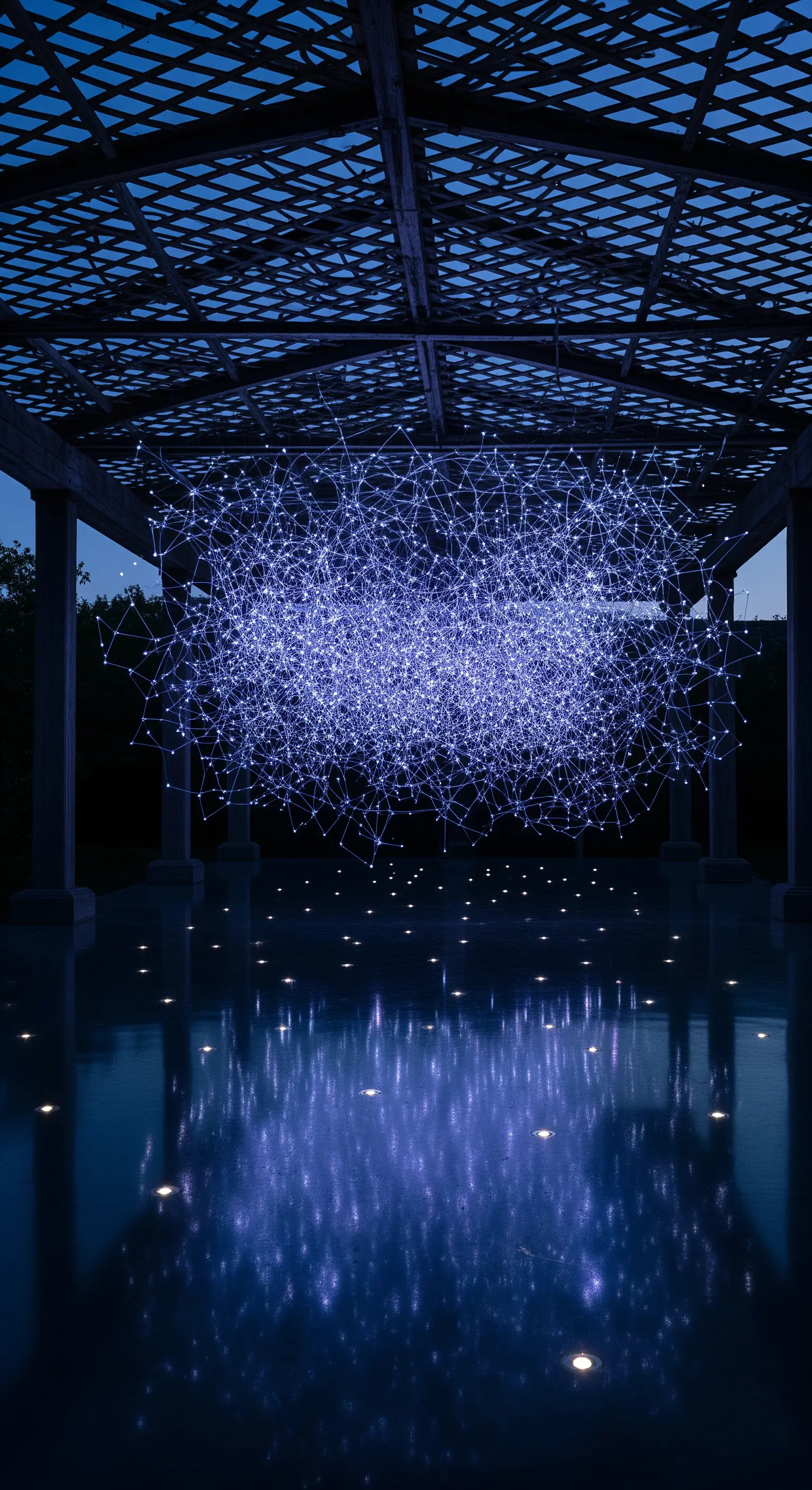 Installazione luminosa a forma di rete sospesa sotto un pergolato, riflessa sull'acqua.