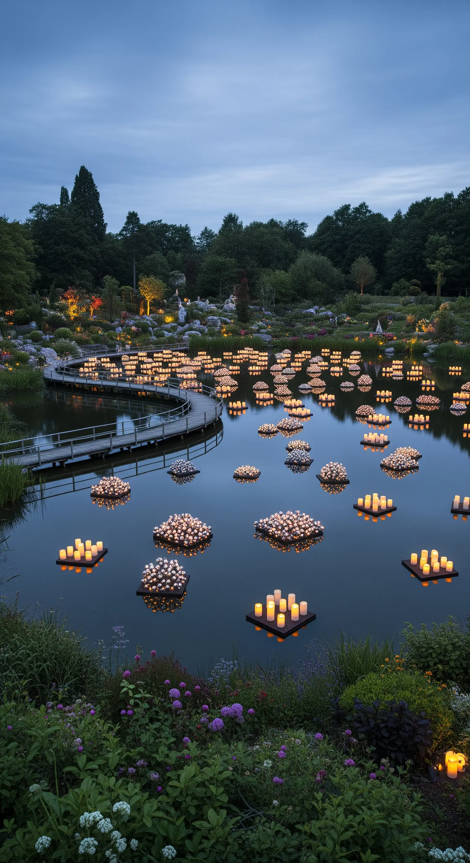 Grande lago con passerella in legno e numerose isole galleggianti coperte di candele accese.