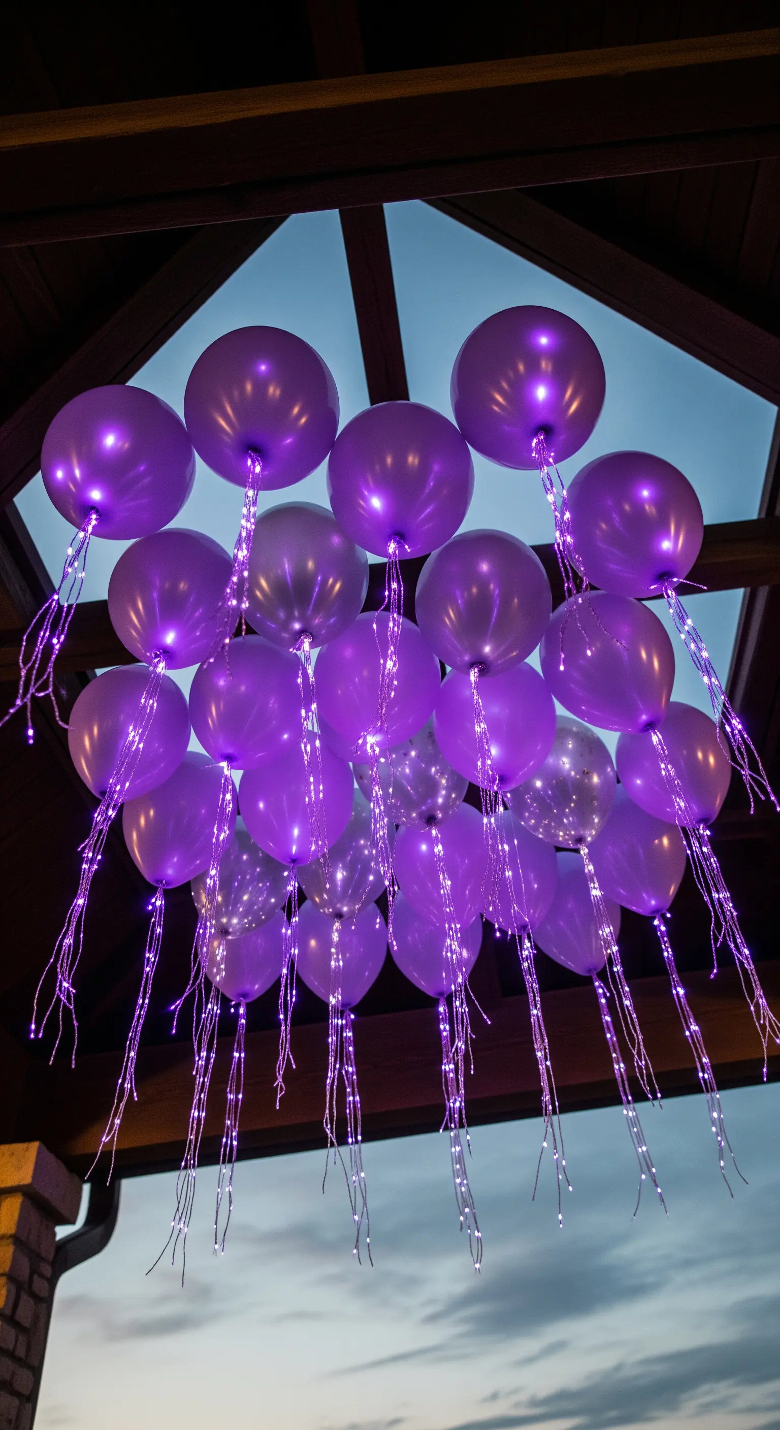 Un gruppo di palloncini viola all'aperto, illuminati da fili di lucine a LED.