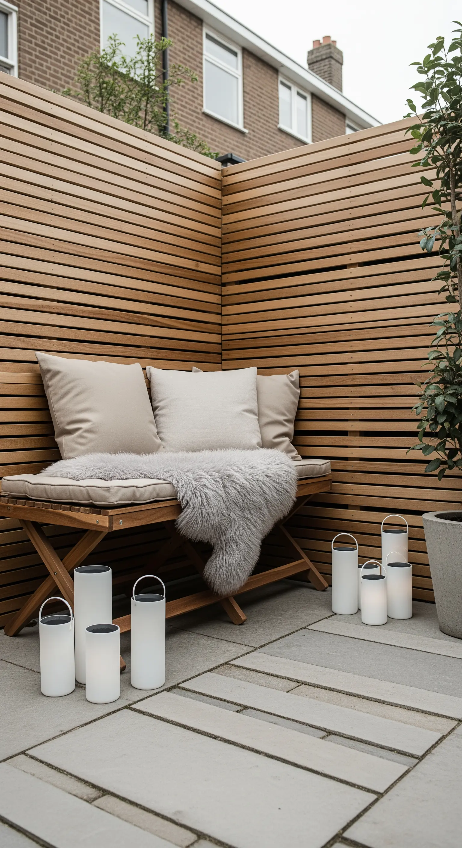 Angolo patio con panca in legno, cuscini beige, ecopelliccia e lanterne bianche moderne.