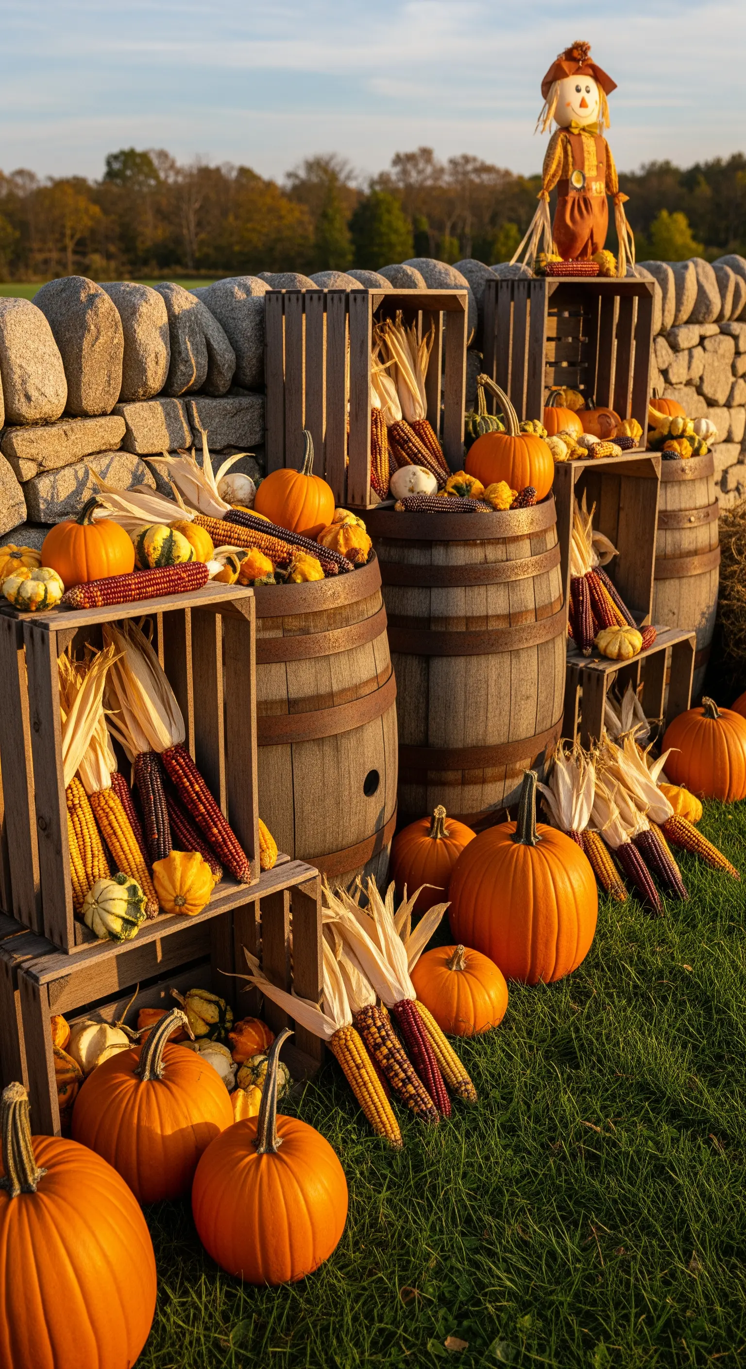 Allestimento autunnale con botti, cassette di legno, zucche di varie dimensioni e pannocchie colorate.