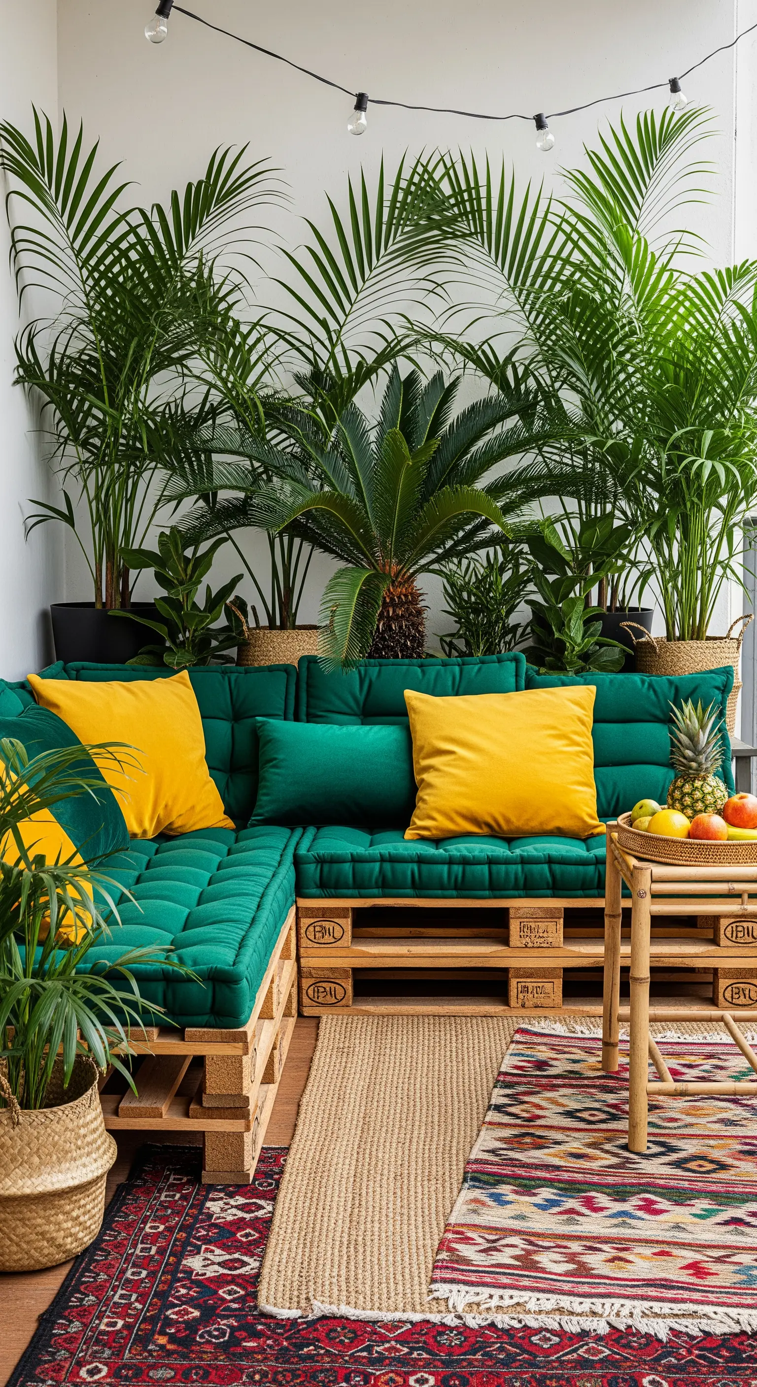 Divano fai-da-te in pallet con cuscini verdi e gialli, su tappeti sovrapposti.