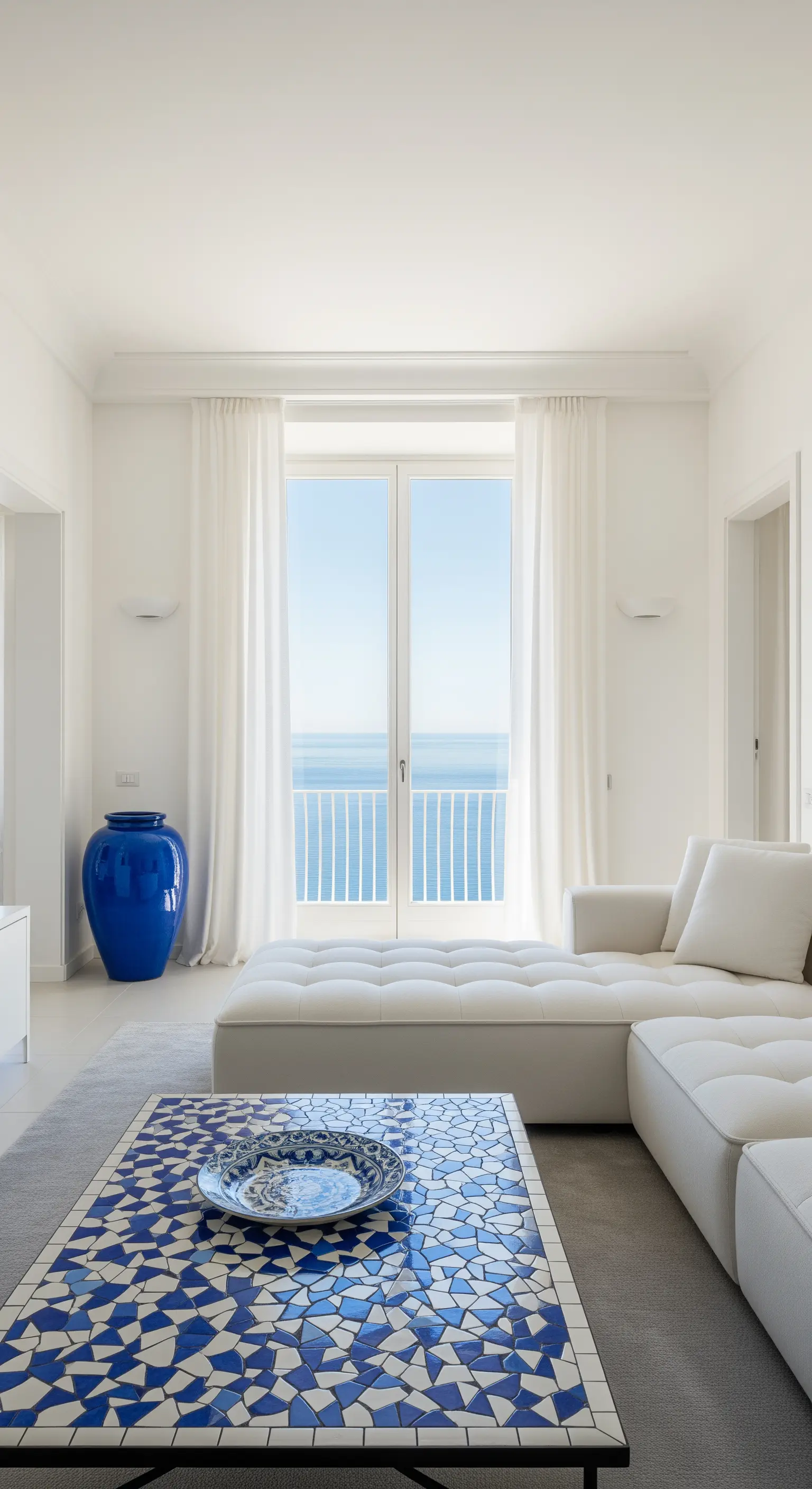 Soggiorno minimalista con divano bianco a L e un tavolino con mosaico blu e bianco.