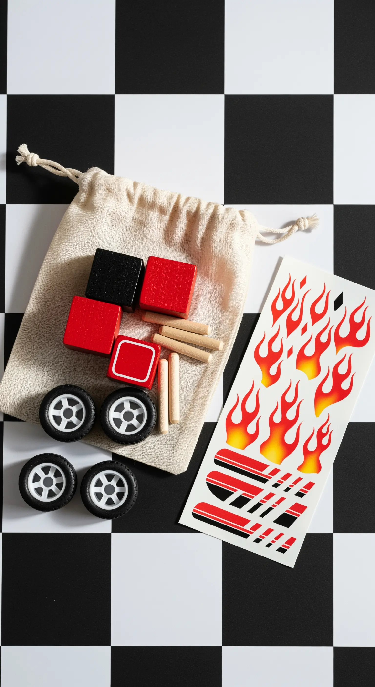 Kit per costruire un'auto da corsa con blocchi di legno, ruote e adesivi.