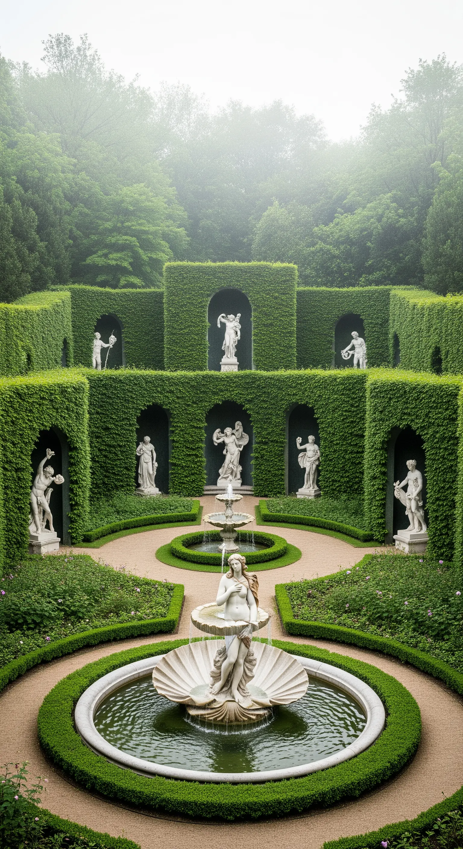 Giardino a più livelli con fontane e statue esposte in alcove create da alte siepi verdi