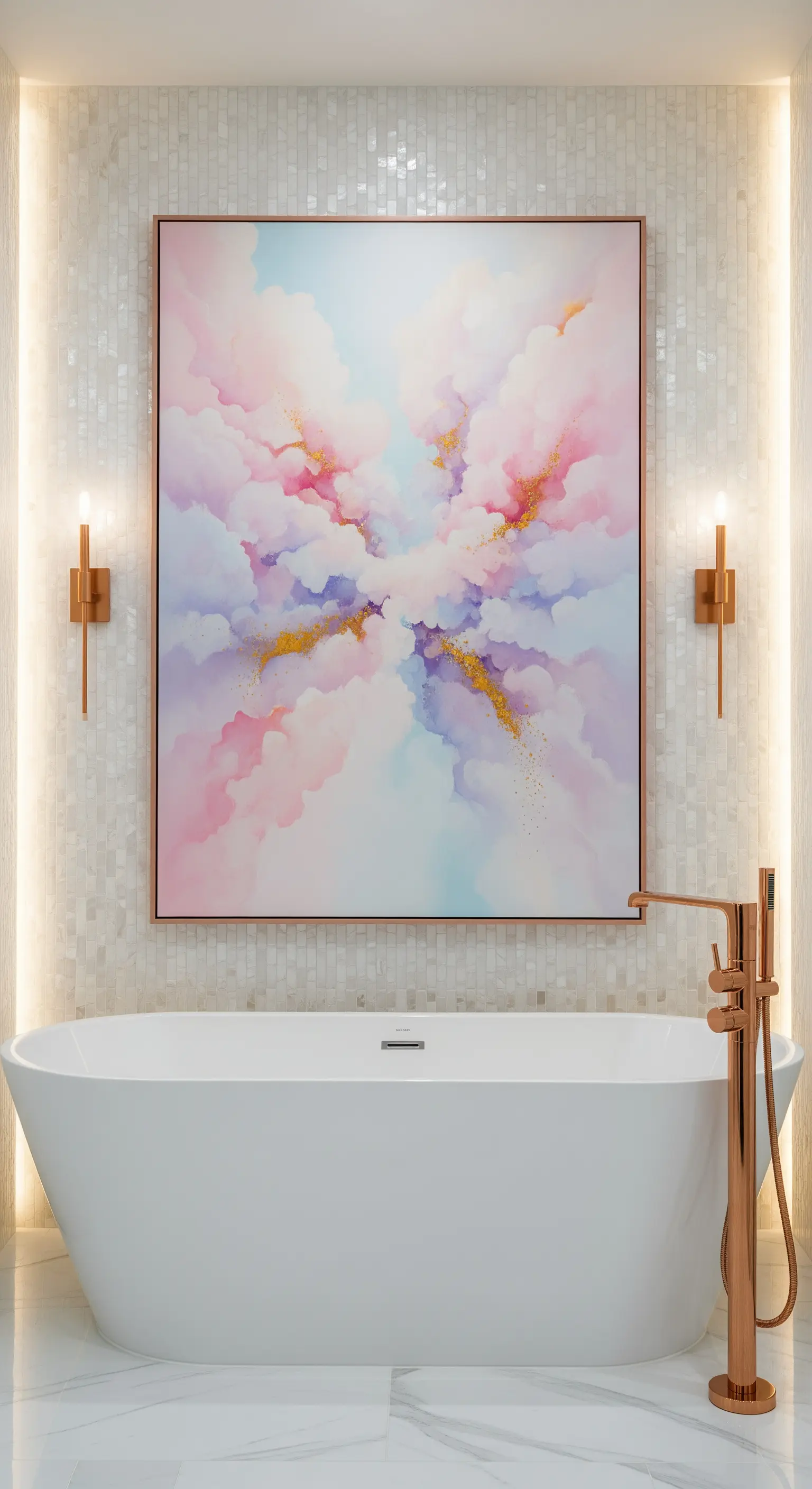 Bagno elegante con vasca freestanding e un quadro astratto a tema nuvole pastello.