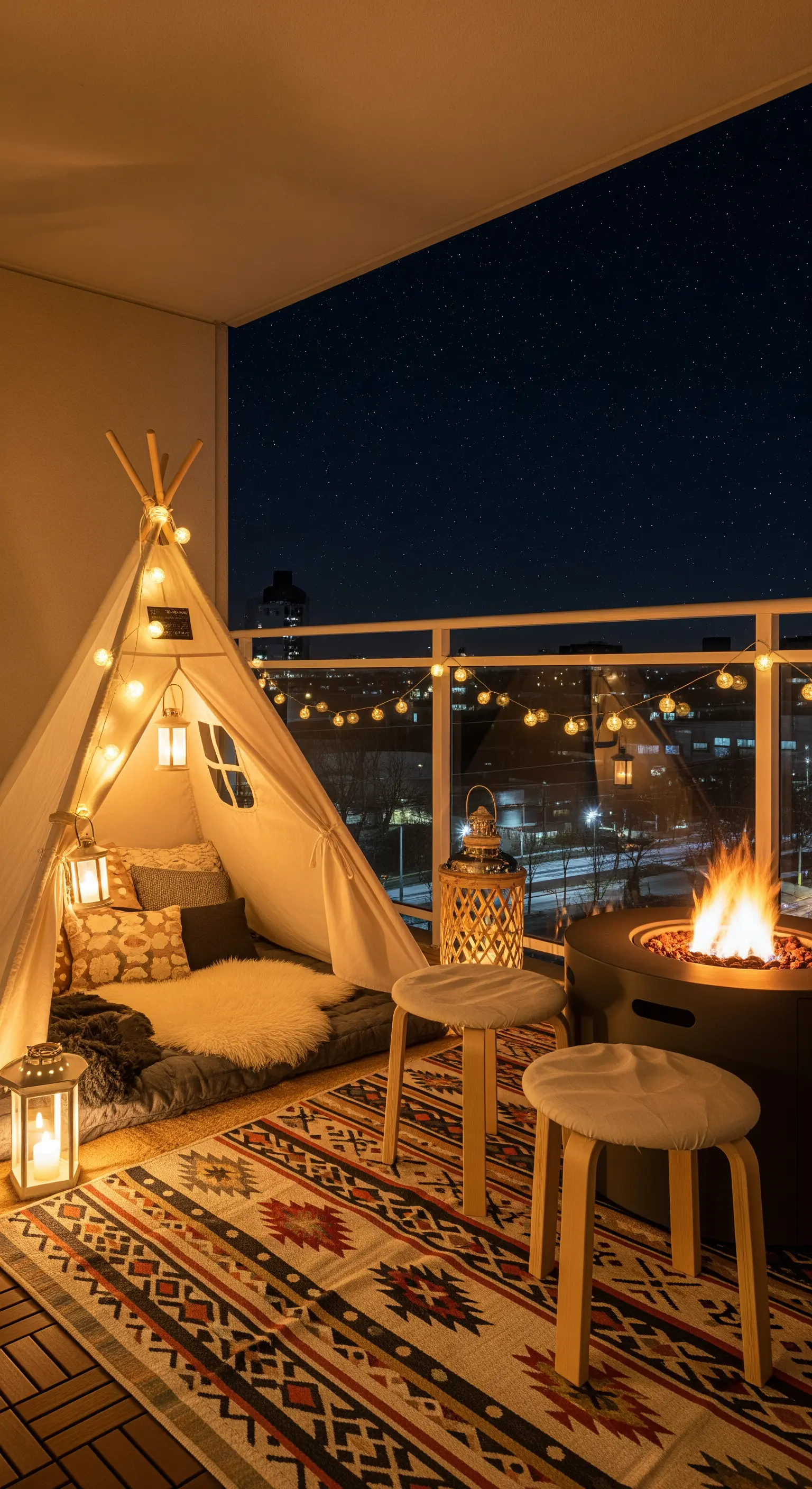 Balcone di notte con tenda teepee illuminata, braciere e un grande tappeto etnico.