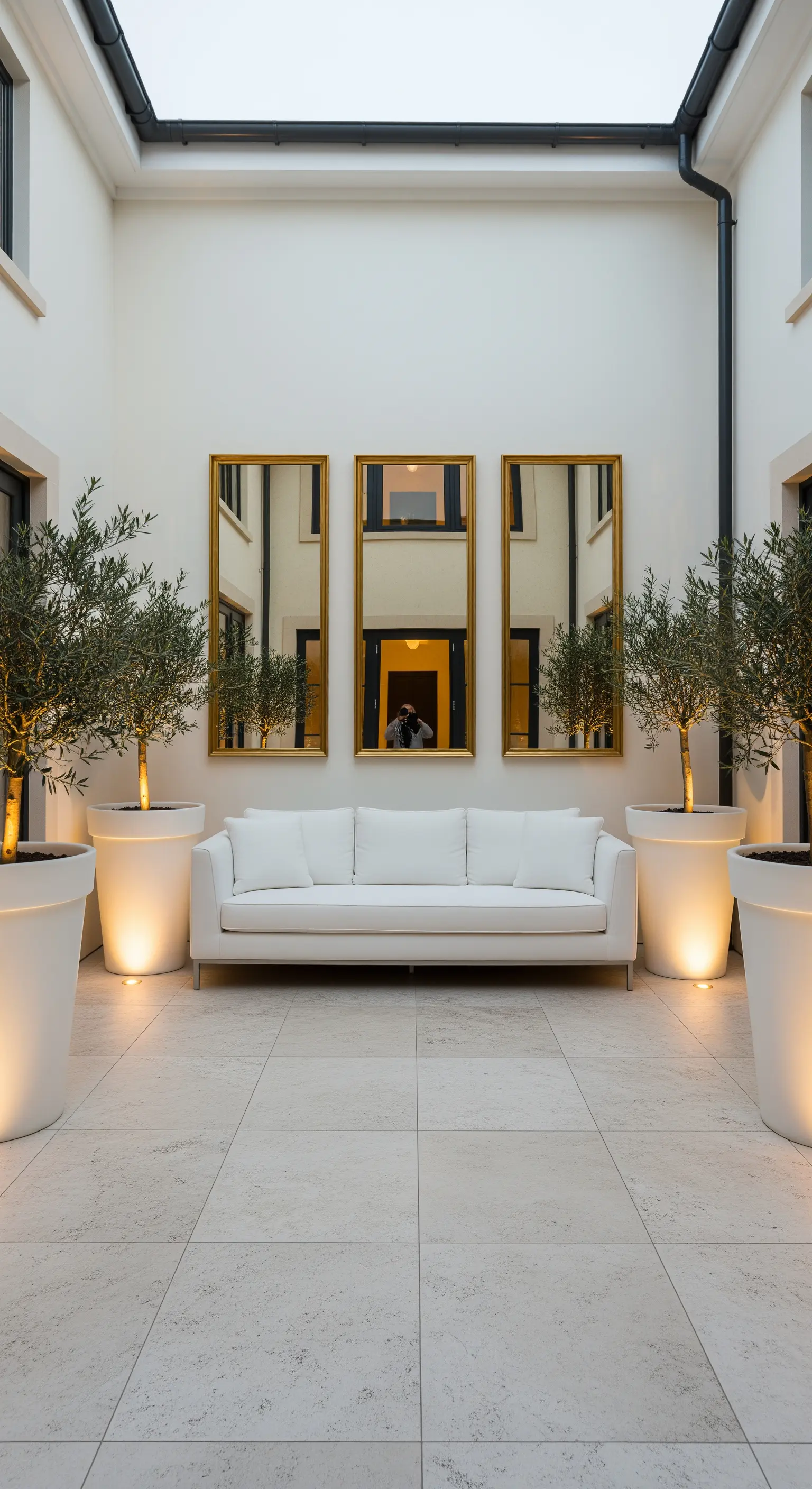 Patio interno con divano bianco, tre specchi dorati verticali e grandi vasi con ulivi