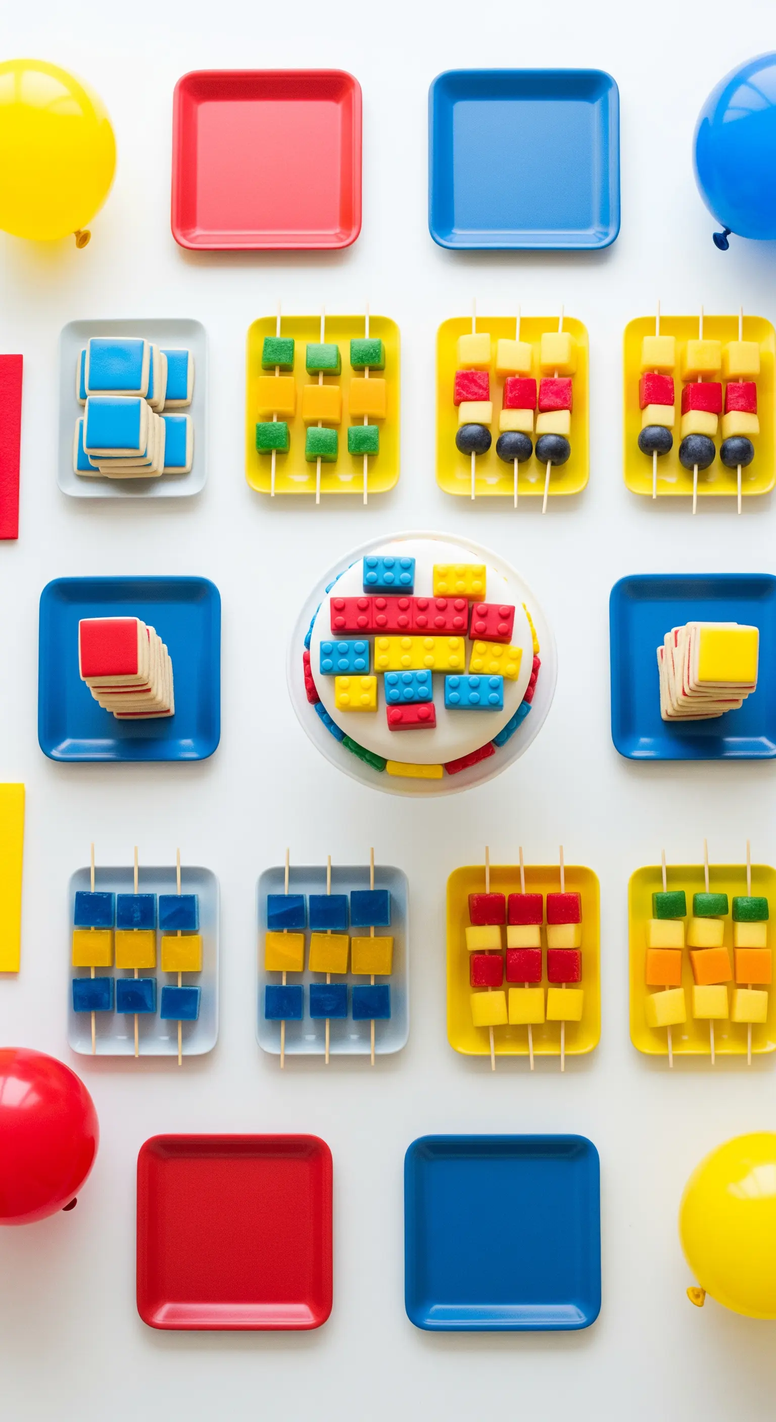 Allestimento minimalista a tema mattoncini con piatti quadrati colorati e cibo a cubetti.