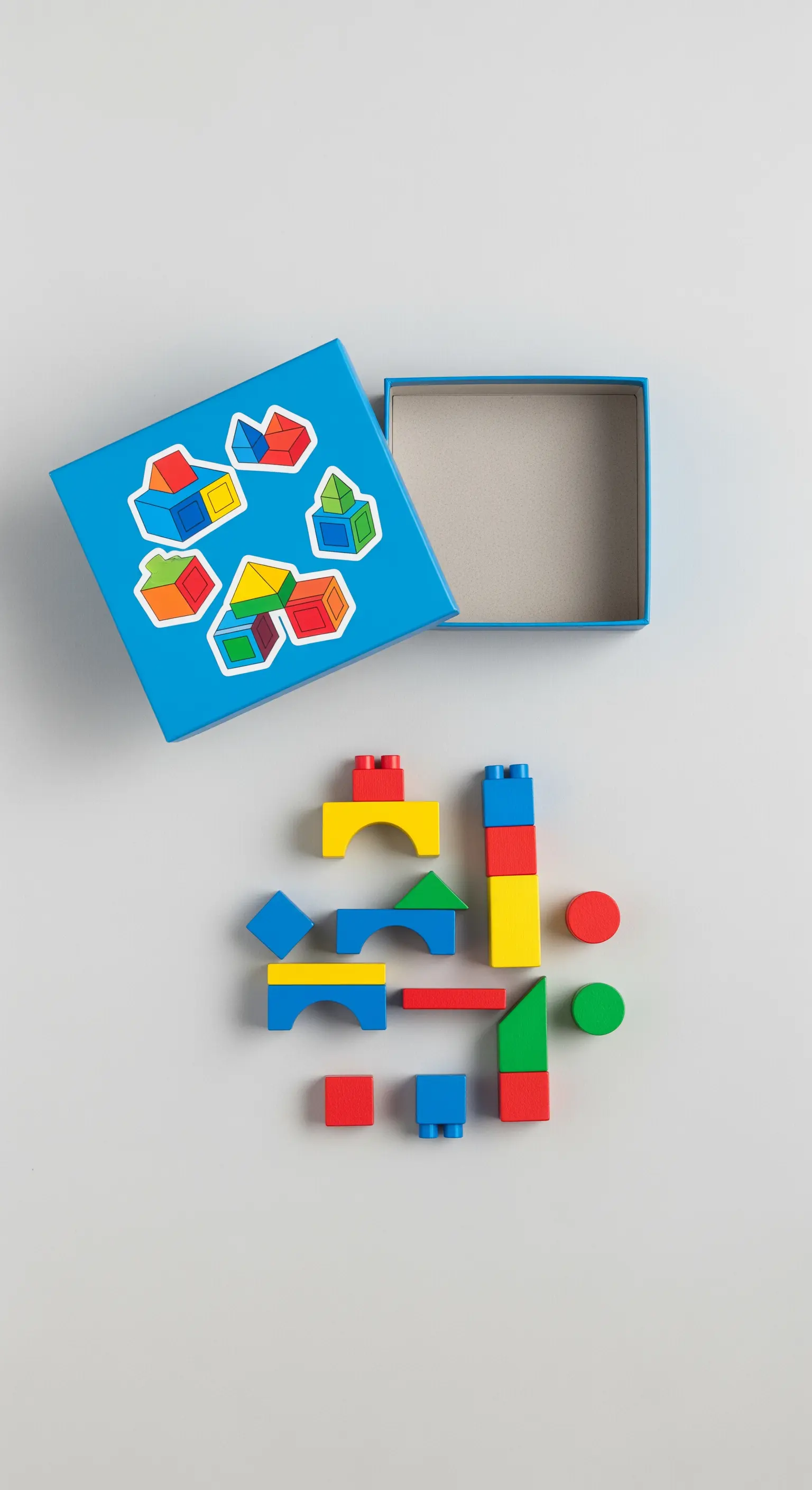 Scatola blu piena di mattoncini colorati per costruzioni, per bambini.