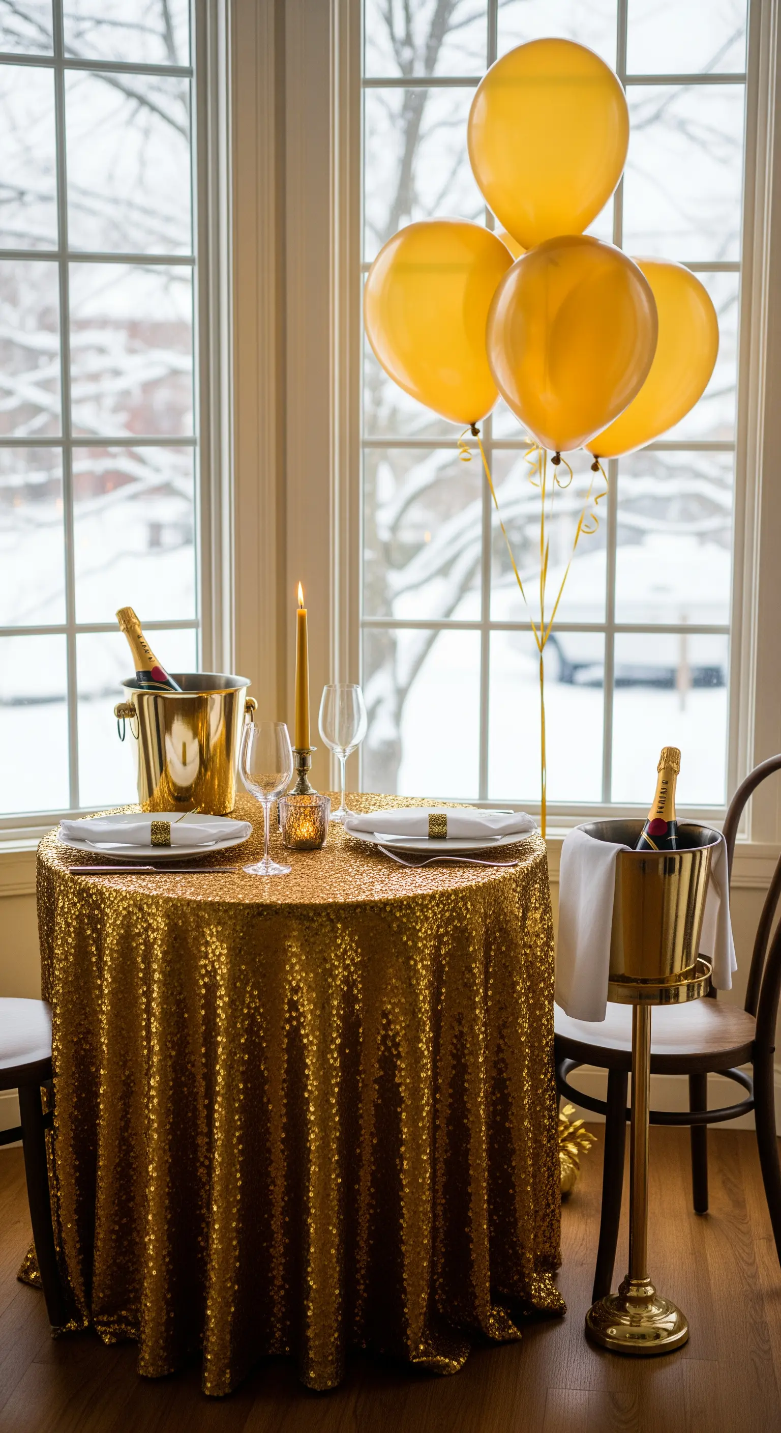 Tavolino per due con tovaglia dorata di paillettes, champagne e palloncini.